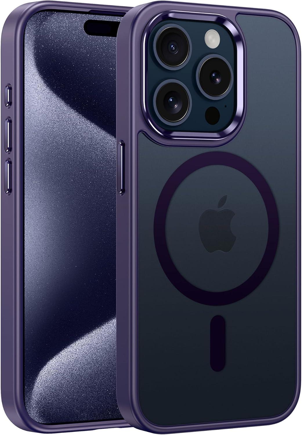 imageFNTCASE for iPhone 15 Pro Case Compatible with Magsafe Translucent Matte Magnetic Phone Cover Military Grade Drop Protection Shockproof Protective Cases BlackPurple