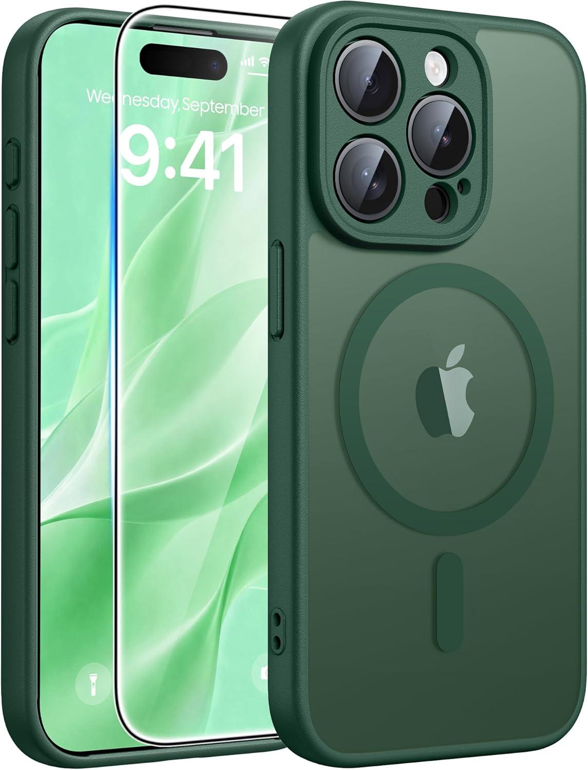 imageFNTCASE for iPhone 15 Pro Case Compatible with Magsafe Translucent Matte Magnetic Phone Cover Military Grade Drop Protection Shockproof Protective Cases BlackGreen