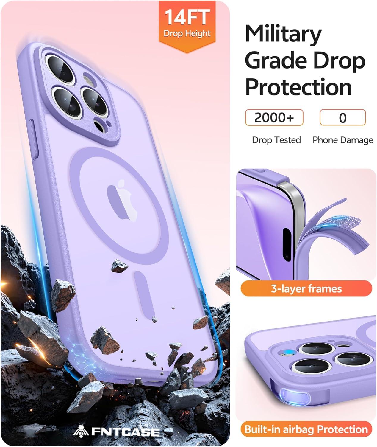 imageFNTCASE for iPhone 15 Pro Case Compatible with Magsafe Translucent Matte Magnetic Phone Cover Military Grade Drop Protection Shockproof Protective Cases BlackLight Purple