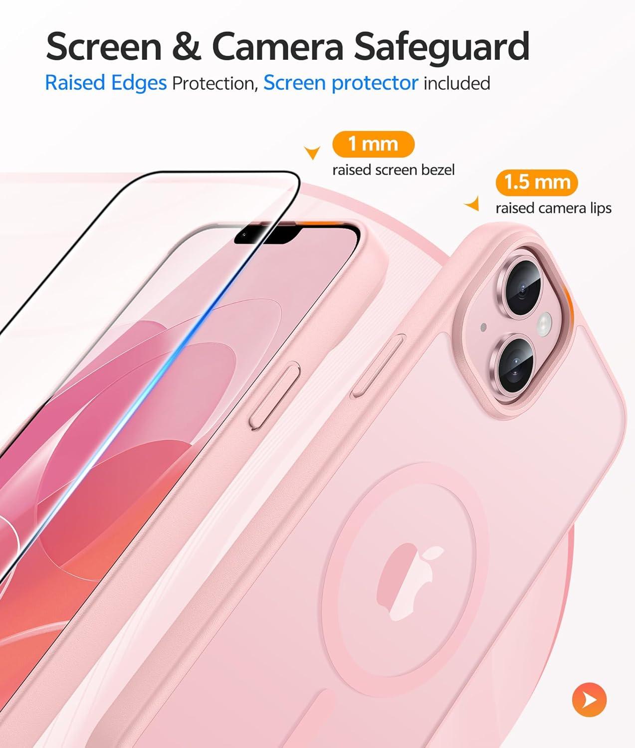imageFNTCASE for iPhone 15 Pro Case Compatible with Magsafe Translucent Matte Magnetic Phone Cover Military Grade Drop Protection Shockproof Protective Cases BlackLight Pink