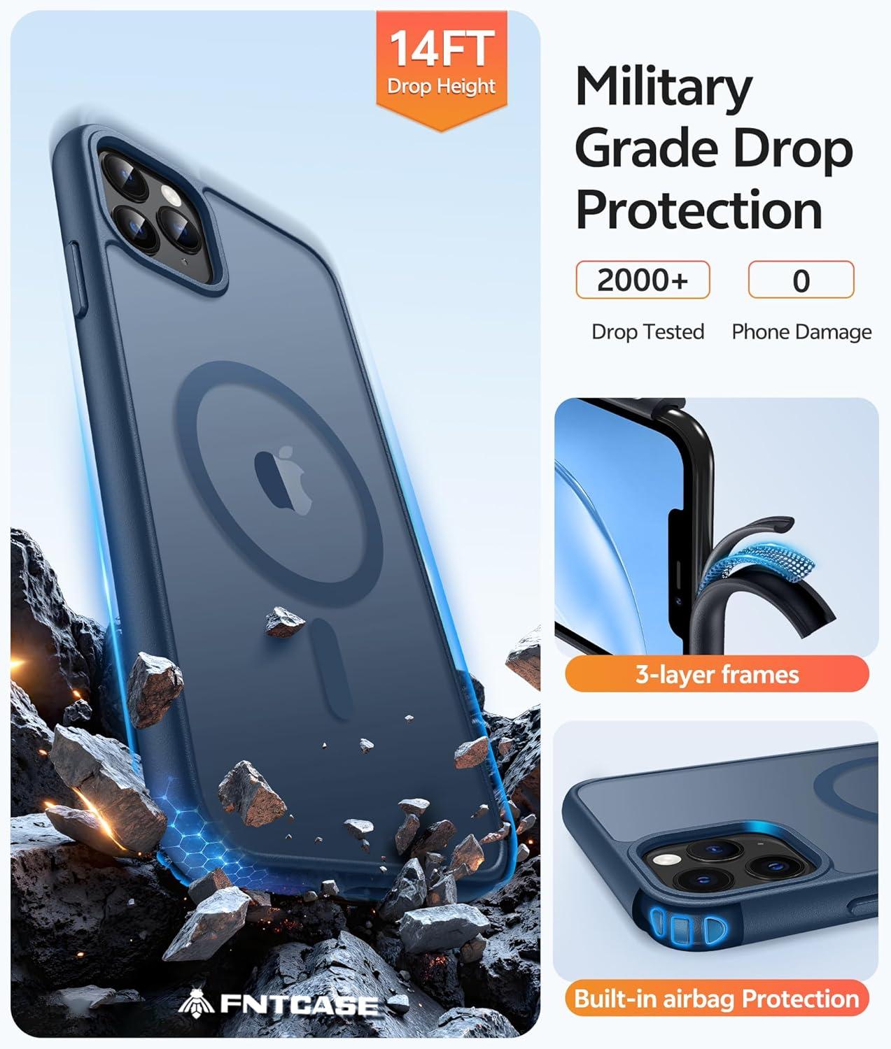 imageFNTCASE for iPhone 15 Pro Case Compatible with Magsafe Translucent Matte Magnetic Phone Cover Military Grade Drop Protection Shockproof Protective Cases BlackBlue
