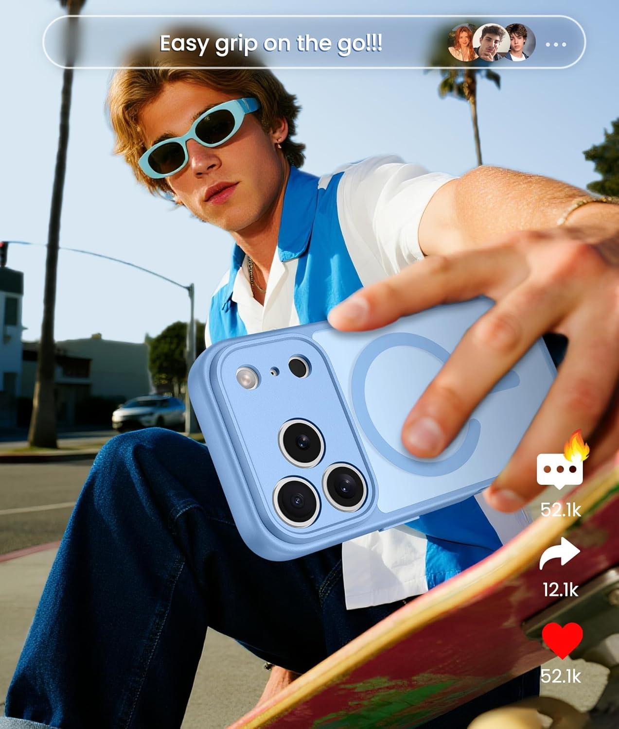 imageFNTCASE for iPhone 15 Pro Case Compatible with Magsafe Translucent Matte Magnetic Phone Cover Military Grade Drop Protection Shockproof Protective Cases BlackLight Blue