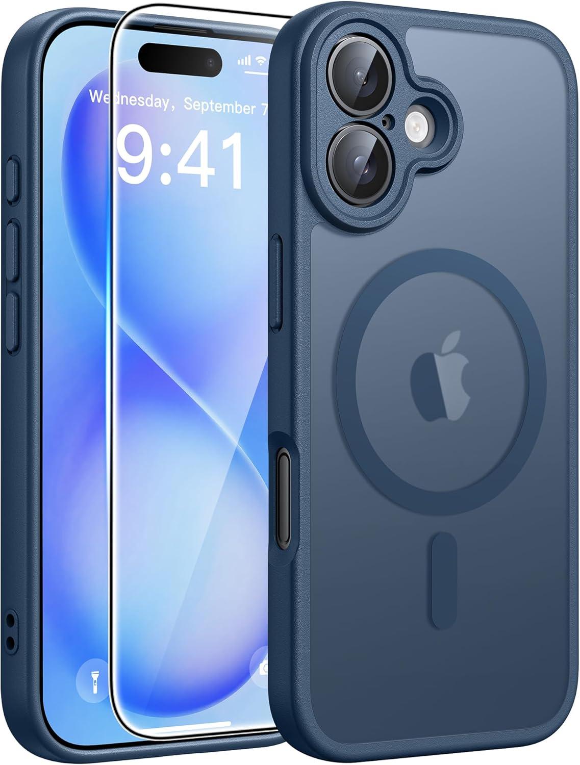 imageFNTCASE for iPhone 15 Pro Case Compatible with Magsafe Translucent Matte Magnetic Phone Cover Military Grade Drop Protection Shockproof Protective Cases BlackBlue