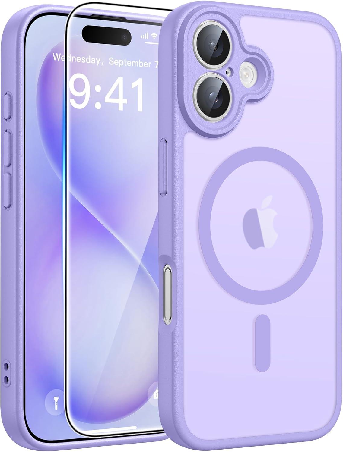 imageFNTCASE for iPhone 15 Pro Case Compatible with Magsafe Translucent Matte Magnetic Phone Cover Military Grade Drop Protection Shockproof Protective Cases BlackLight Purple
