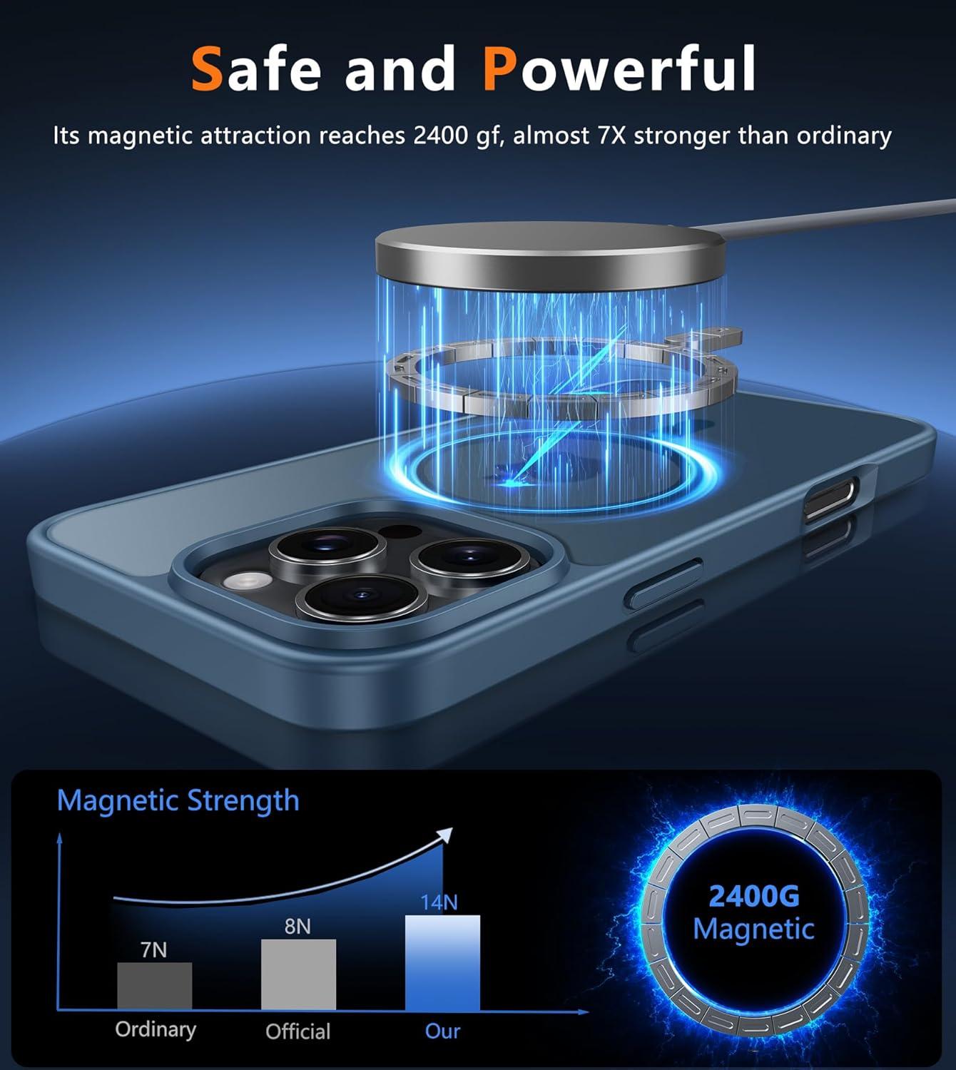 imageFNTCASE for iPhone 15 Pro Case Compatible with Magsafe Translucent Matte Magnetic Phone Cover Military Grade Drop Protection Shockproof Protective Cases BlackBlue
