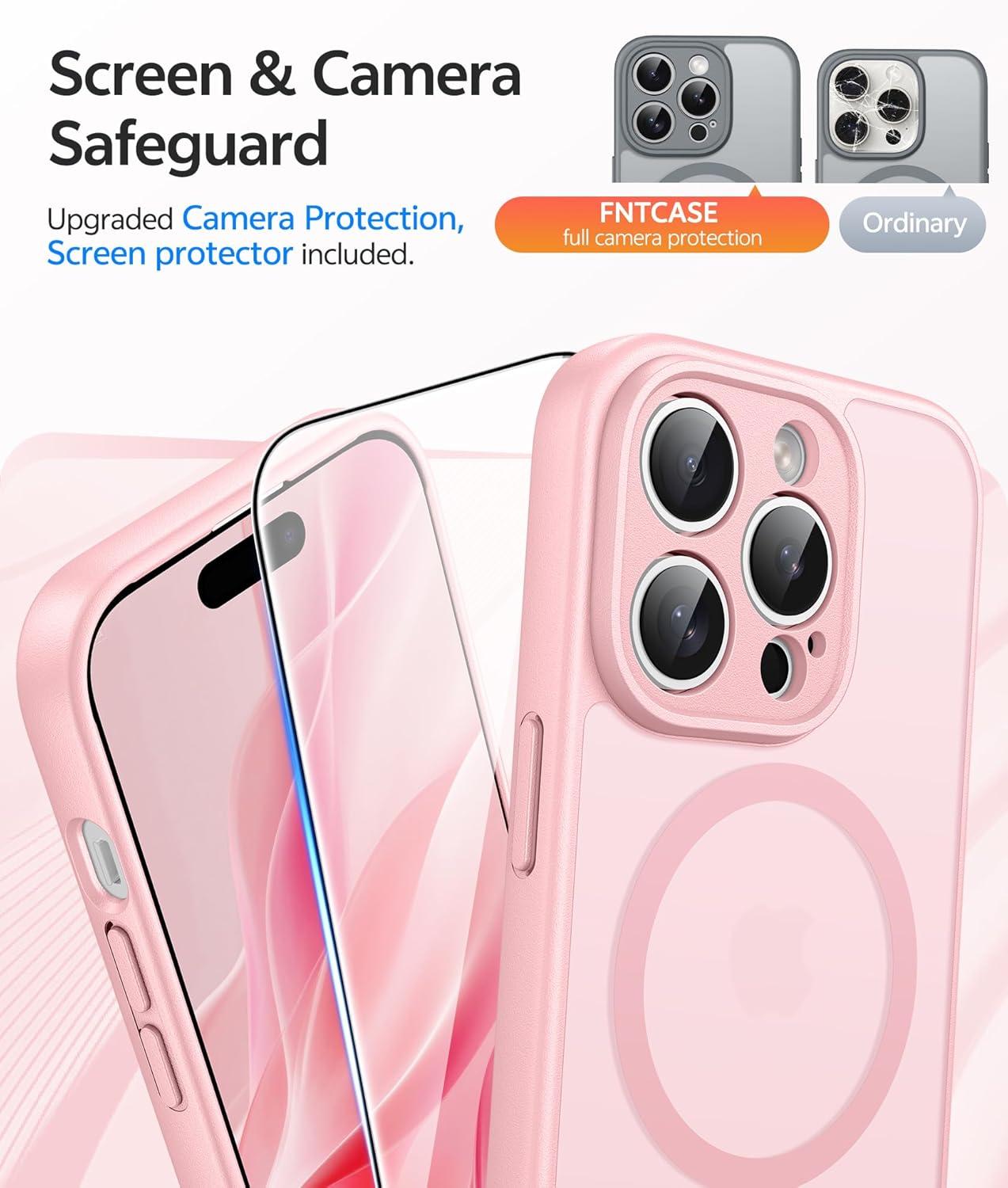 imageFNTCASE for iPhone 15 Pro Case Compatible with Magsafe Translucent Matte Magnetic Phone Cover Military Grade Drop Protection Shockproof Protective Cases BlackLight Pink
