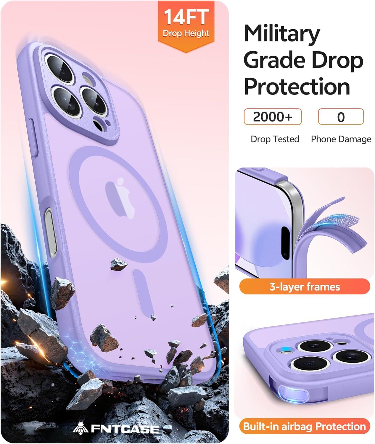 imageFNTCASE for iPhone 15 Pro Case Compatible with Magsafe Translucent Matte Magnetic Phone Cover Military Grade Drop Protection Shockproof Protective Cases BlackLight Purple