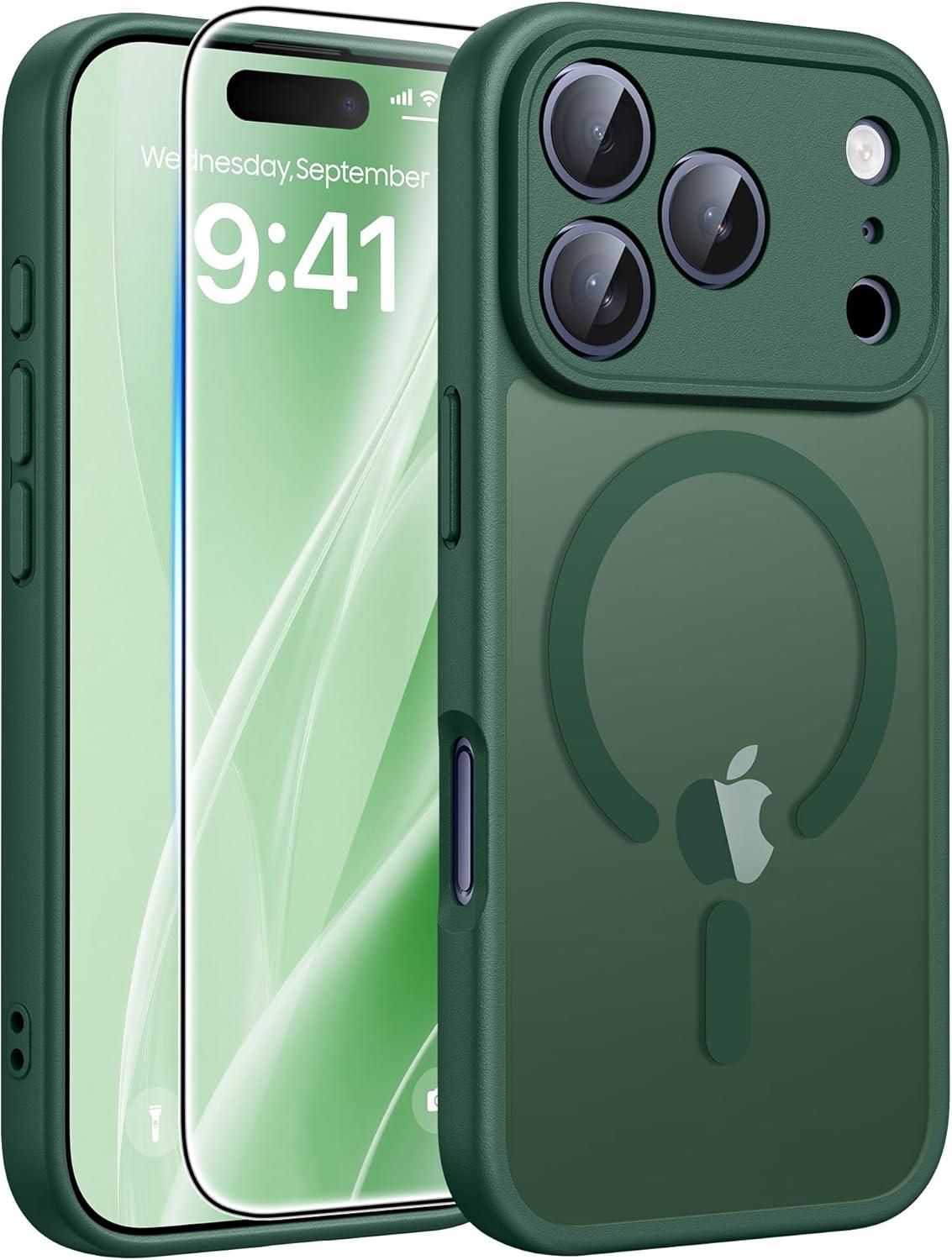 imageFNTCASE for iPhone 15 Pro Case Compatible with Magsafe Translucent Matte Magnetic Phone Cover Military Grade Drop Protection Shockproof Protective Cases BlackGreen