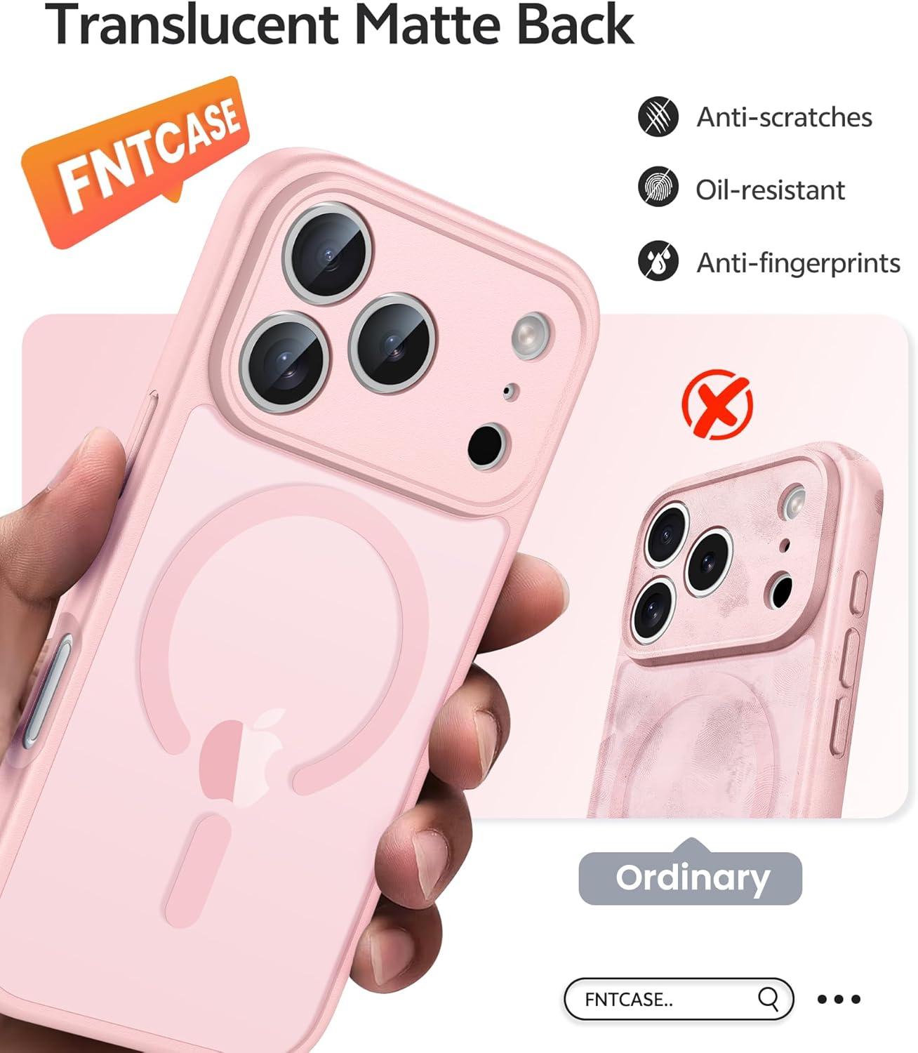 imageFNTCASE for iPhone 15 Pro Case Compatible with Magsafe Translucent Matte Magnetic Phone Cover Military Grade Drop Protection Shockproof Protective Cases BlackLight Pink