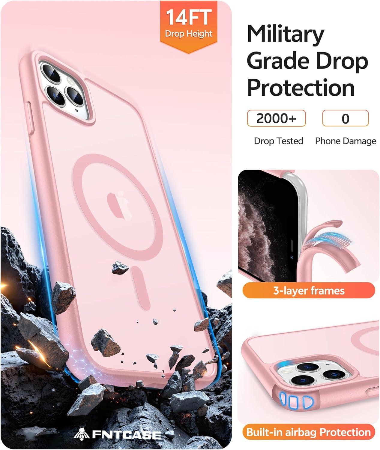 imageFNTCASE for iPhone 15 Pro Case Compatible with Magsafe Translucent Matte Magnetic Phone Cover Military Grade Drop Protection Shockproof Protective Cases BlackLight Pink