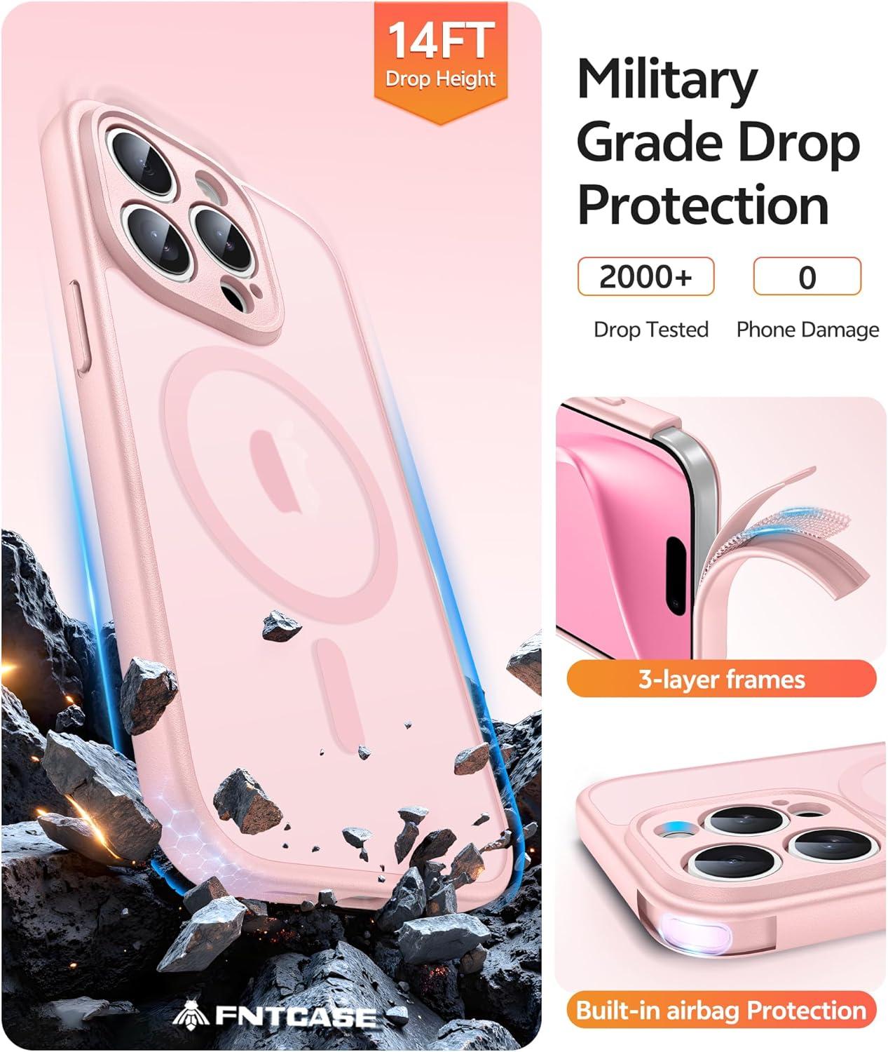 imageFNTCASE for iPhone 15 Pro Case Compatible with Magsafe Translucent Matte Magnetic Phone Cover Military Grade Drop Protection Shockproof Protective Cases BlackLight Pink