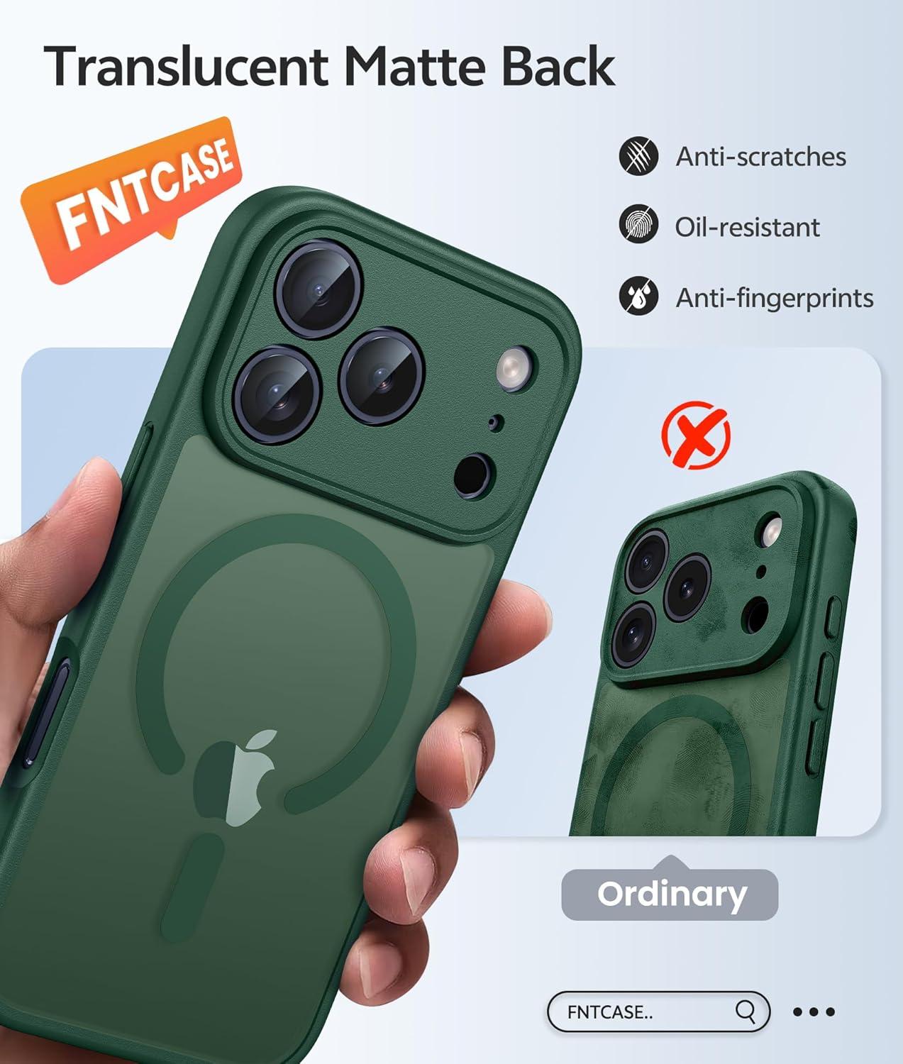 imageFNTCASE for iPhone 15 Pro Case Compatible with Magsafe Translucent Matte Magnetic Phone Cover Military Grade Drop Protection Shockproof Protective Cases BlackGreen