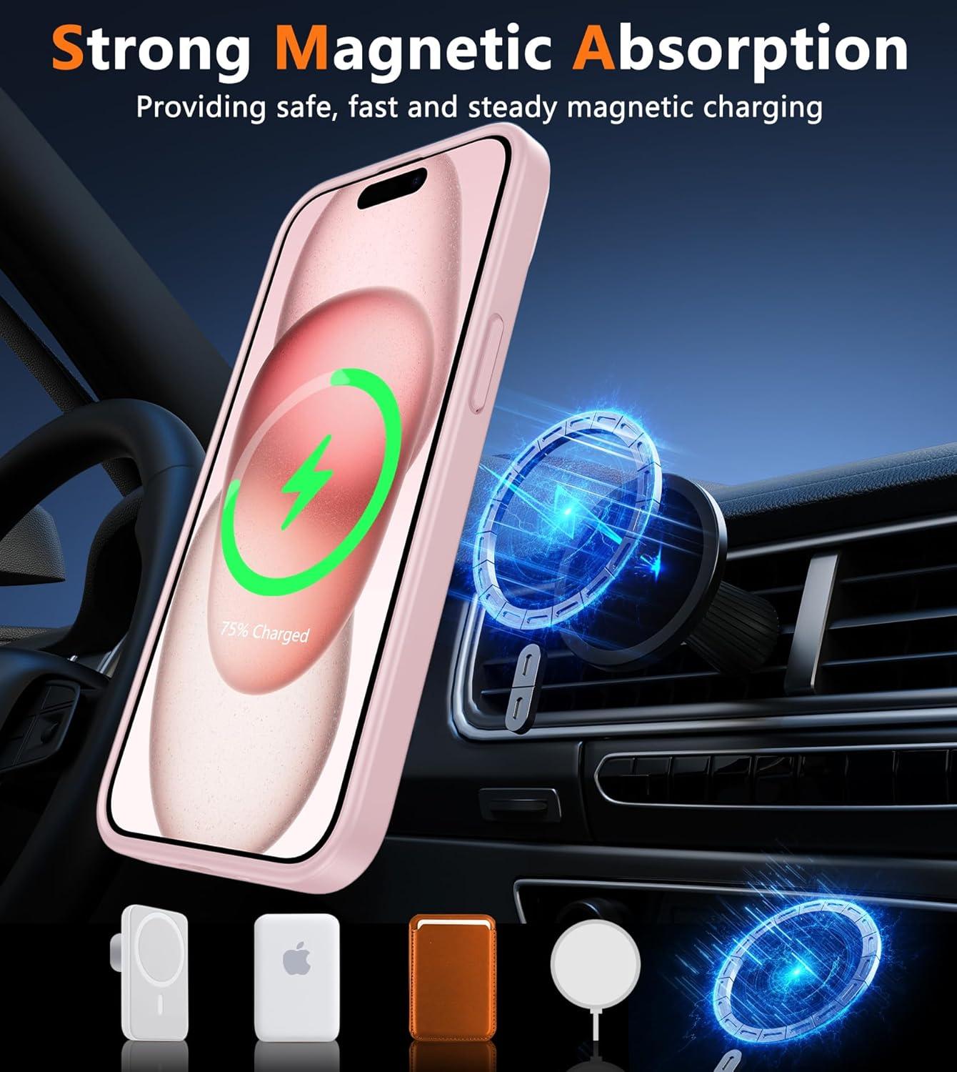 imageFNTCASE for iPhone 15 Pro Case Compatible with Magsafe Translucent Matte Magnetic Phone Cover Military Grade Drop Protection Shockproof Protective Cases BlackLight Pink