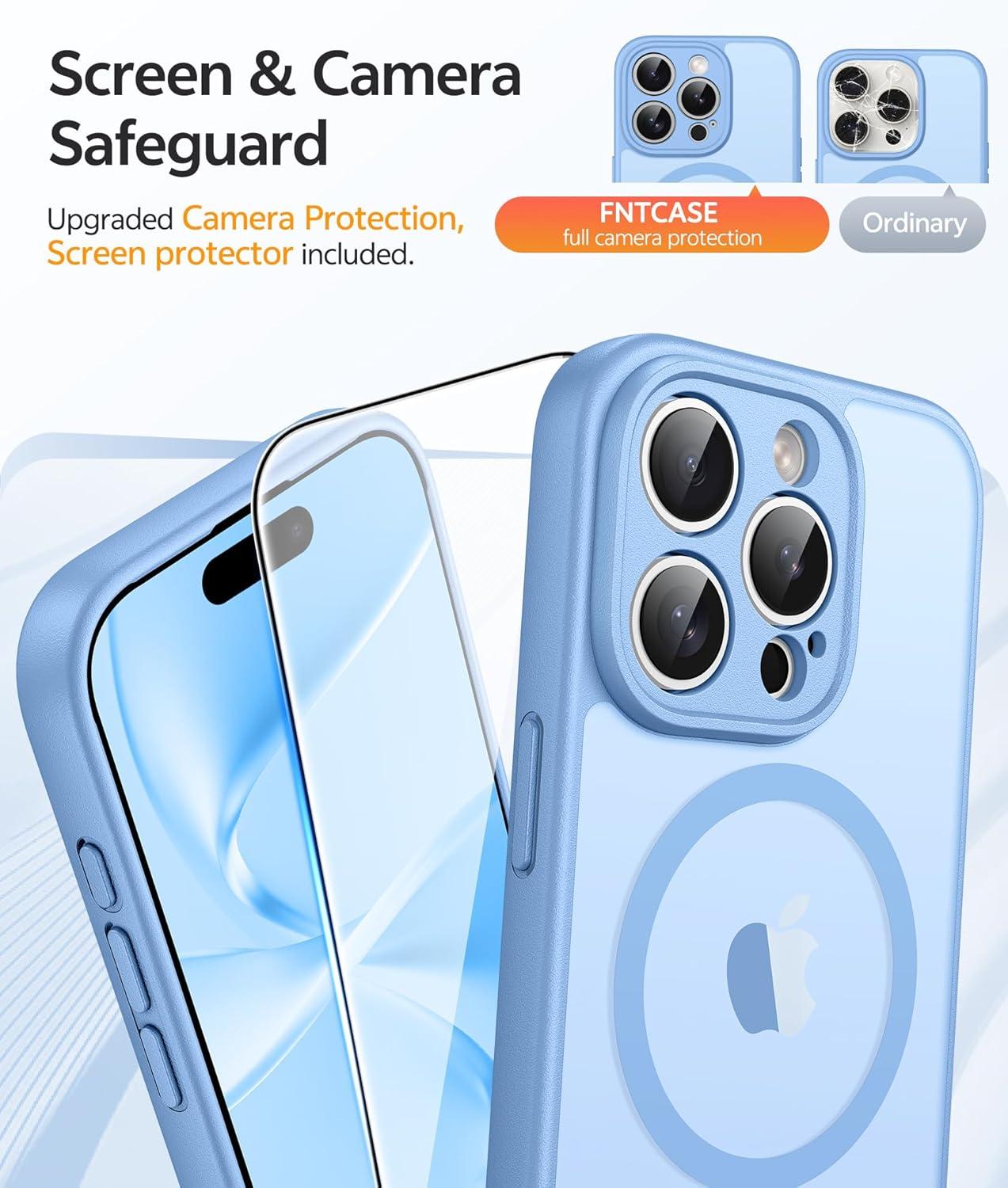 imageFNTCASE for iPhone 15 Pro Case Compatible with Magsafe Translucent Matte Magnetic Phone Cover Military Grade Drop Protection Shockproof Protective Cases BlackLight Blue
