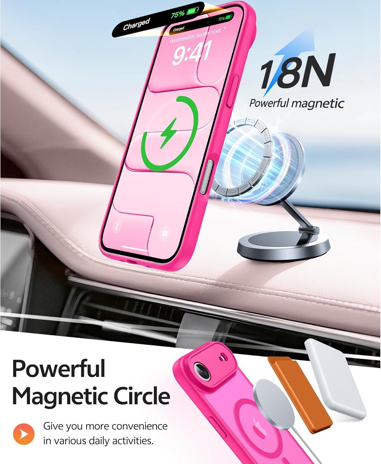 imageFNTCASE for iPhone 15 Pro Case Compatible with Magsafe Translucent Matte Magnetic Phone Cover Military Grade Drop Protection Shockproof Protective Cases BlackHot Pink