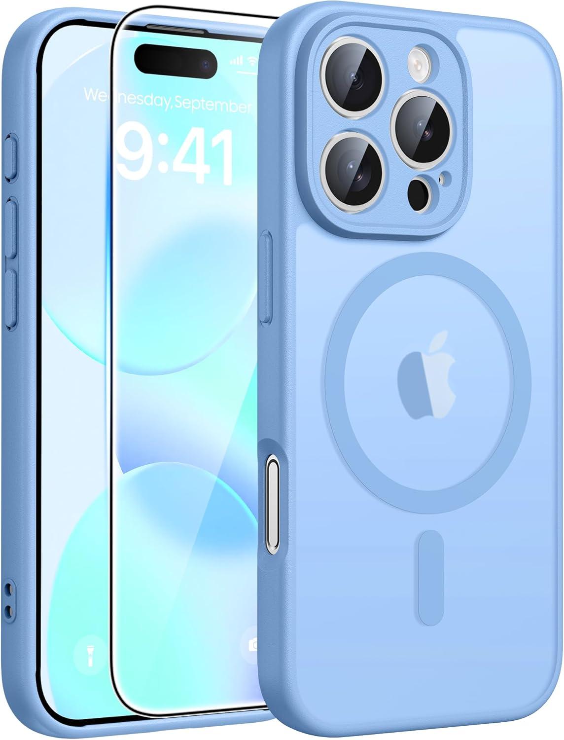 imageFNTCASE for iPhone 15 Pro Case Compatible with Magsafe Translucent Matte Magnetic Phone Cover Military Grade Drop Protection Shockproof Protective Cases BlackLight Blue