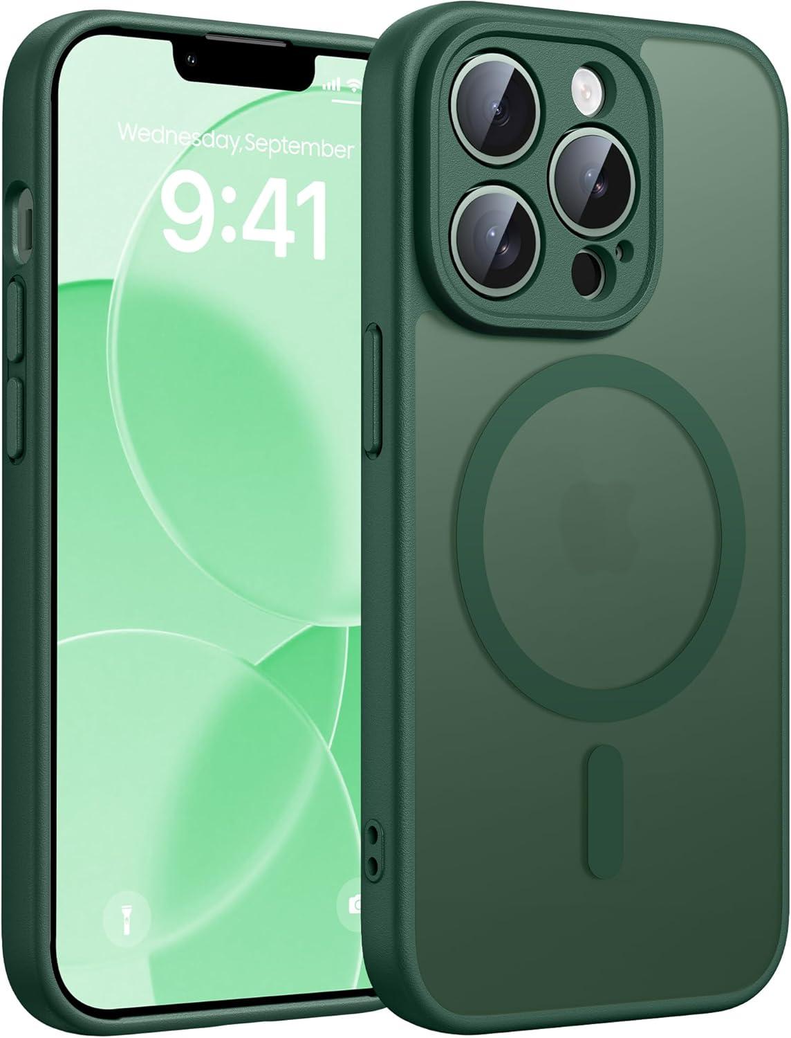 imageFNTCASE for iPhone 15 Pro Case Compatible with Magsafe Translucent Matte Magnetic Phone Cover Military Grade Drop Protection Shockproof Protective Cases BlackGreen