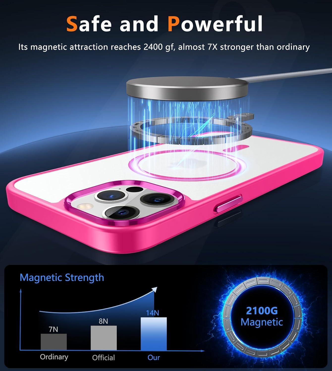 imageFNTCASE for iPhone 15 Pro Case Compatible with Magsafe Translucent Matte Magnetic Phone Cover Military Grade Drop Protection Shockproof Protective Cases BlackHot Pink