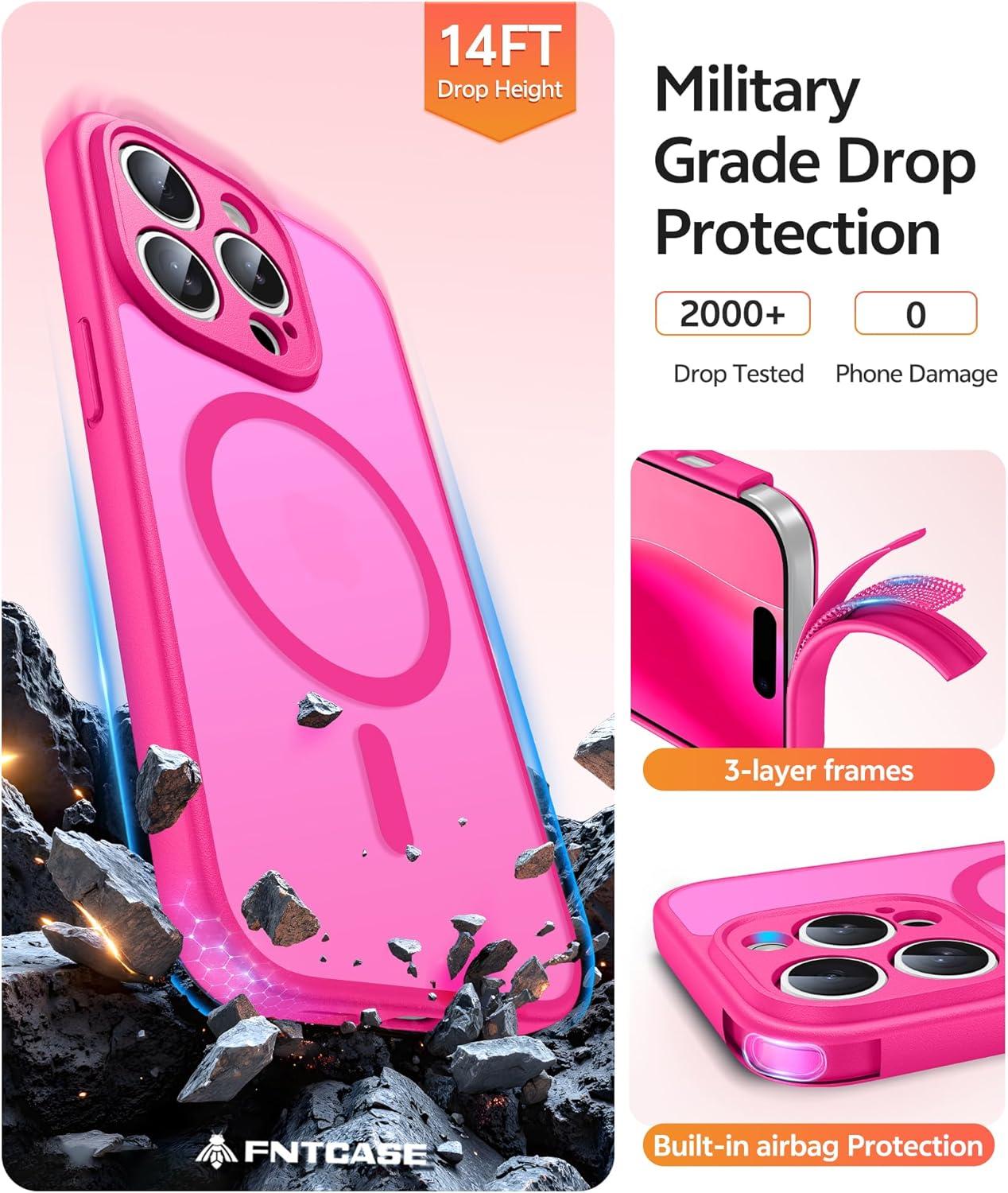 imageFNTCASE for iPhone 15 Pro Case Compatible with Magsafe Translucent Matte Magnetic Phone Cover Military Grade Drop Protection Shockproof Protective Cases BlackHot Pink