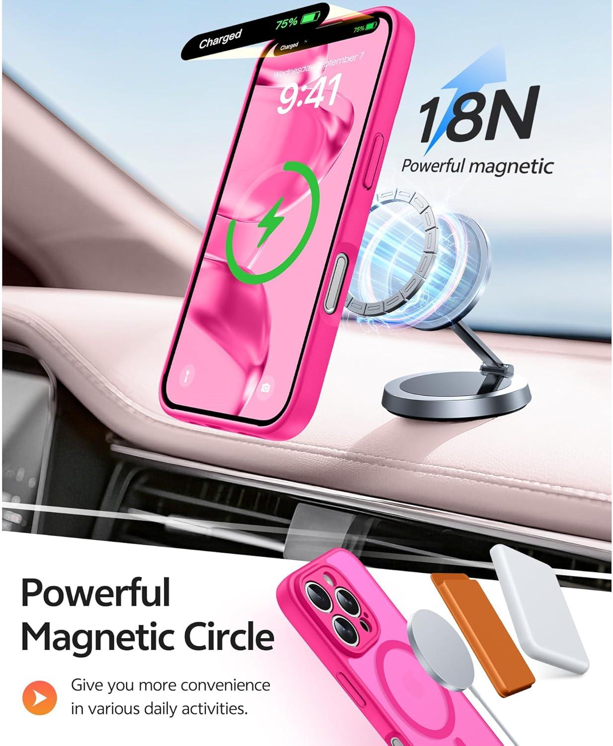 imageFNTCASE for iPhone 15 Pro Case Compatible with Magsafe Translucent Matte Magnetic Phone Cover Military Grade Drop Protection Shockproof Protective Cases BlackHot Pink