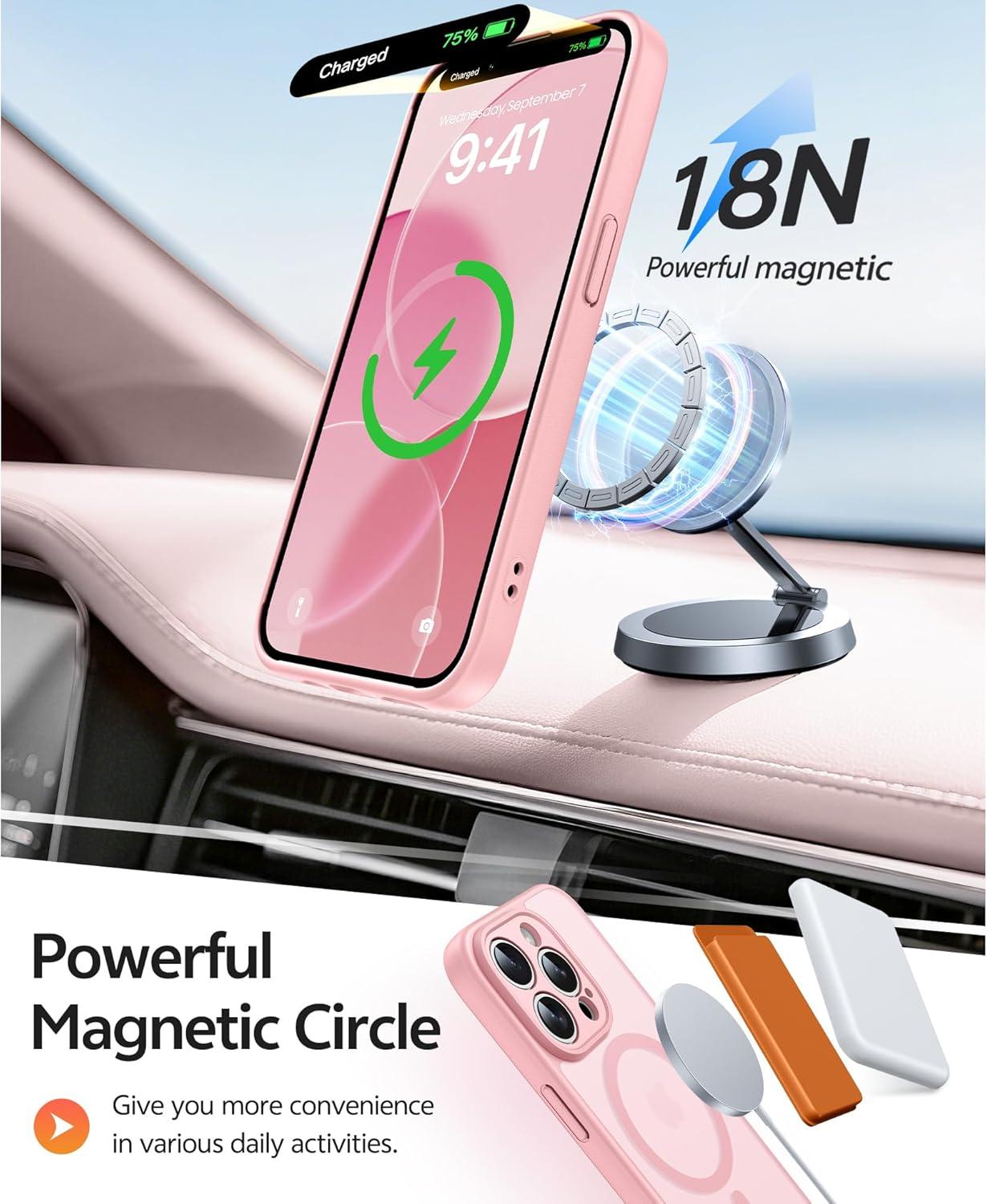 imageFNTCASE for iPhone 15 Pro Case Compatible with Magsafe Translucent Matte Magnetic Phone Cover Military Grade Drop Protection Shockproof Protective Cases BlackLight Pink