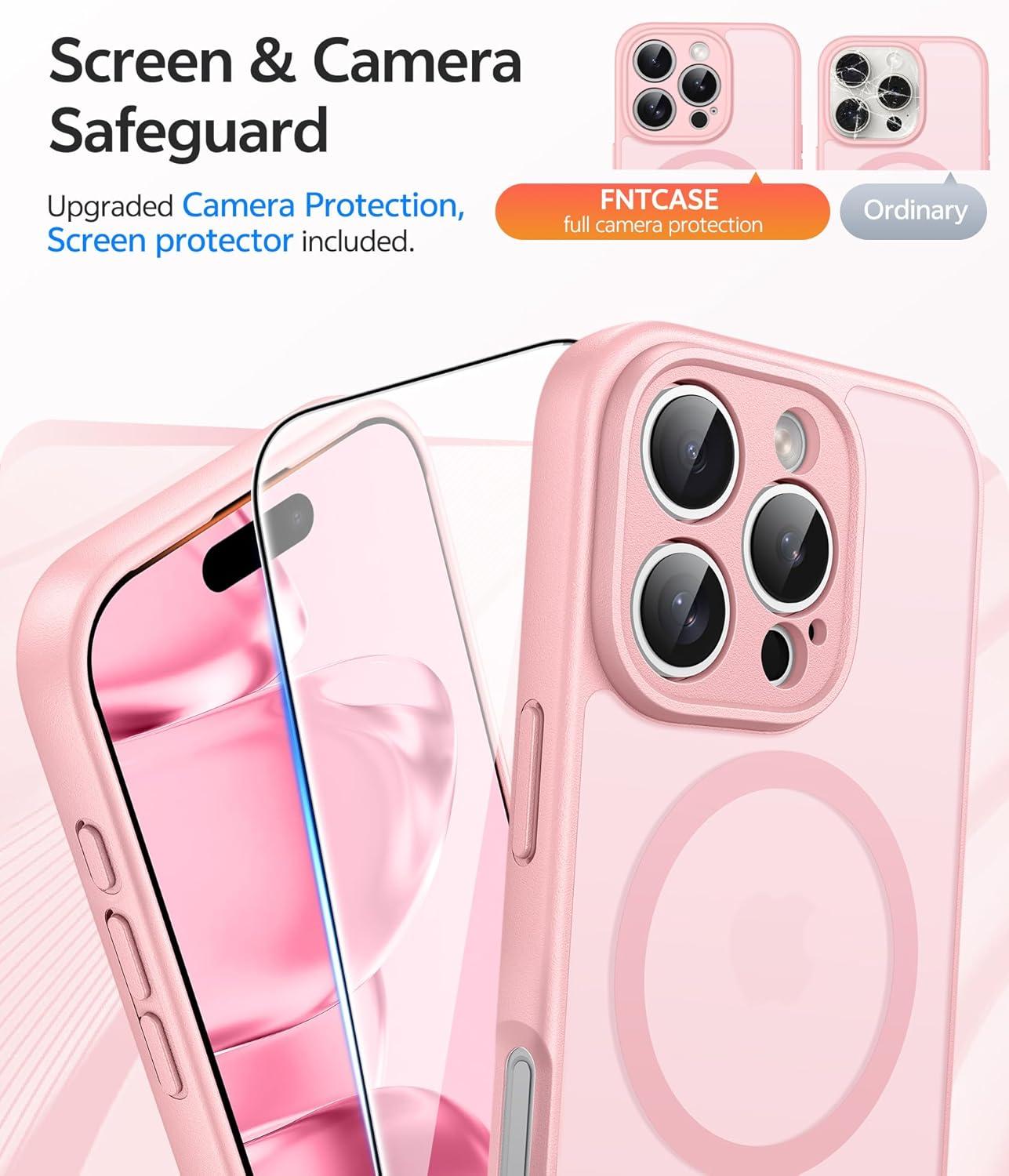 imageFNTCASE for iPhone 15 Pro Case Compatible with Magsafe Translucent Matte Magnetic Phone Cover Military Grade Drop Protection Shockproof Protective Cases BlackLight Pink