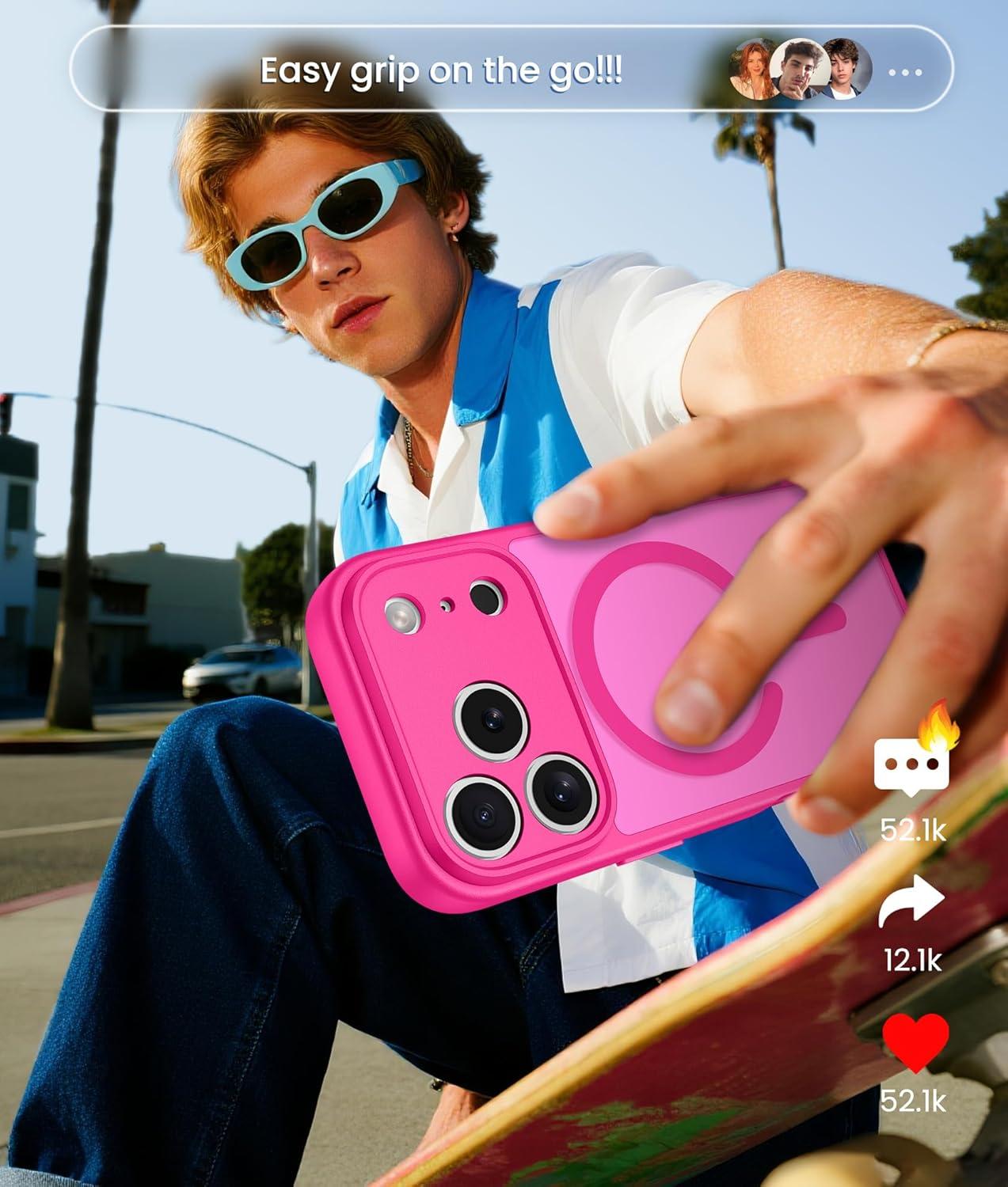 imageFNTCASE for iPhone 15 Pro Case Compatible with Magsafe Translucent Matte Magnetic Phone Cover Military Grade Drop Protection Shockproof Protective Cases BlackHot Pink