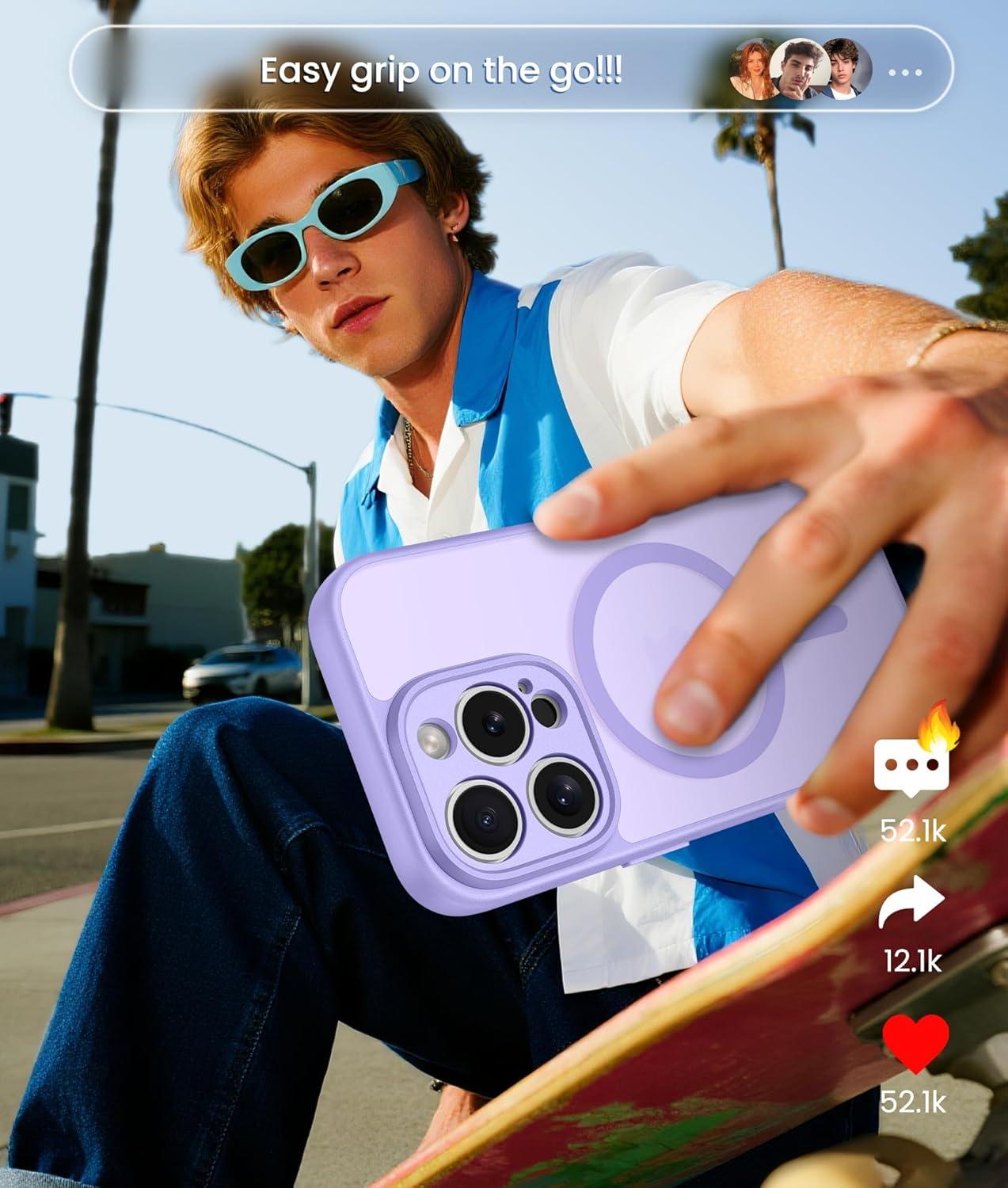 imageFNTCASE for iPhone 15 Pro Case Compatible with Magsafe Translucent Matte Magnetic Phone Cover Military Grade Drop Protection Shockproof Protective Cases BlackLight Purple