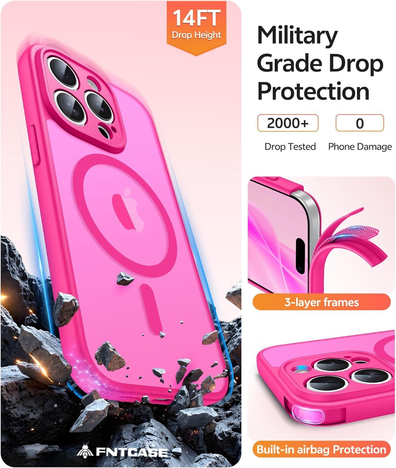 imageFNTCASE for iPhone 15 Pro Case Compatible with Magsafe Translucent Matte Magnetic Phone Cover Military Grade Drop Protection Shockproof Protective Cases BlackHot Pink
