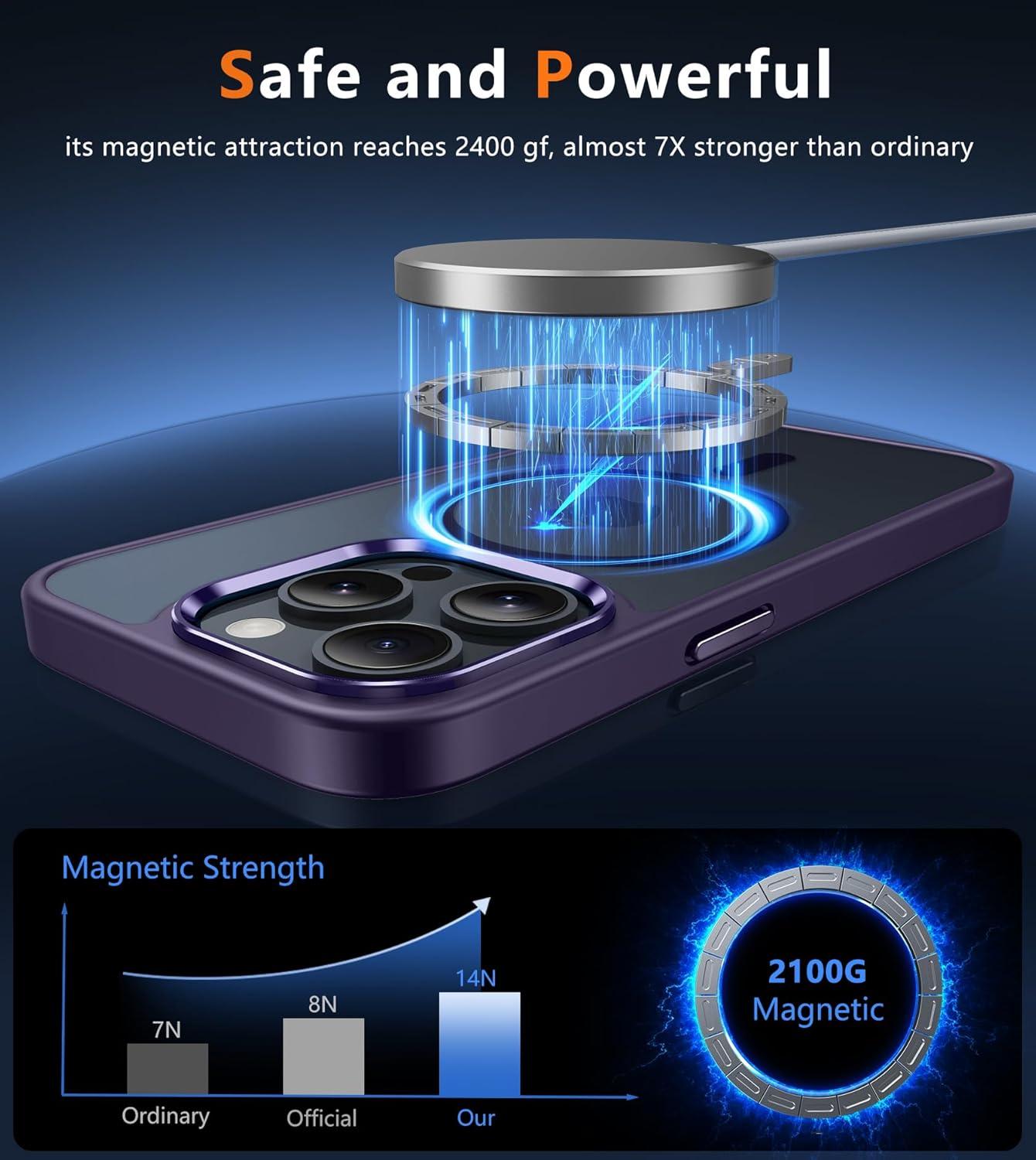 imageFNTCASE for iPhone 15 Pro Case Compatible with Magsafe Translucent Matte Magnetic Phone Cover Military Grade Drop Protection Shockproof Protective Cases BlackPurple