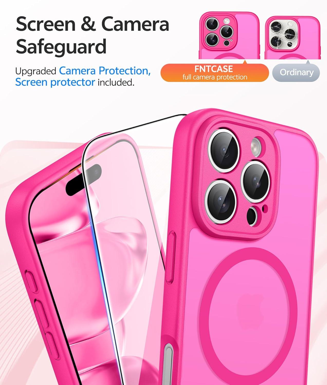 imageFNTCASE for iPhone 15 Pro Case Compatible with Magsafe Translucent Matte Magnetic Phone Cover Military Grade Drop Protection Shockproof Protective Cases BlackHot Pink