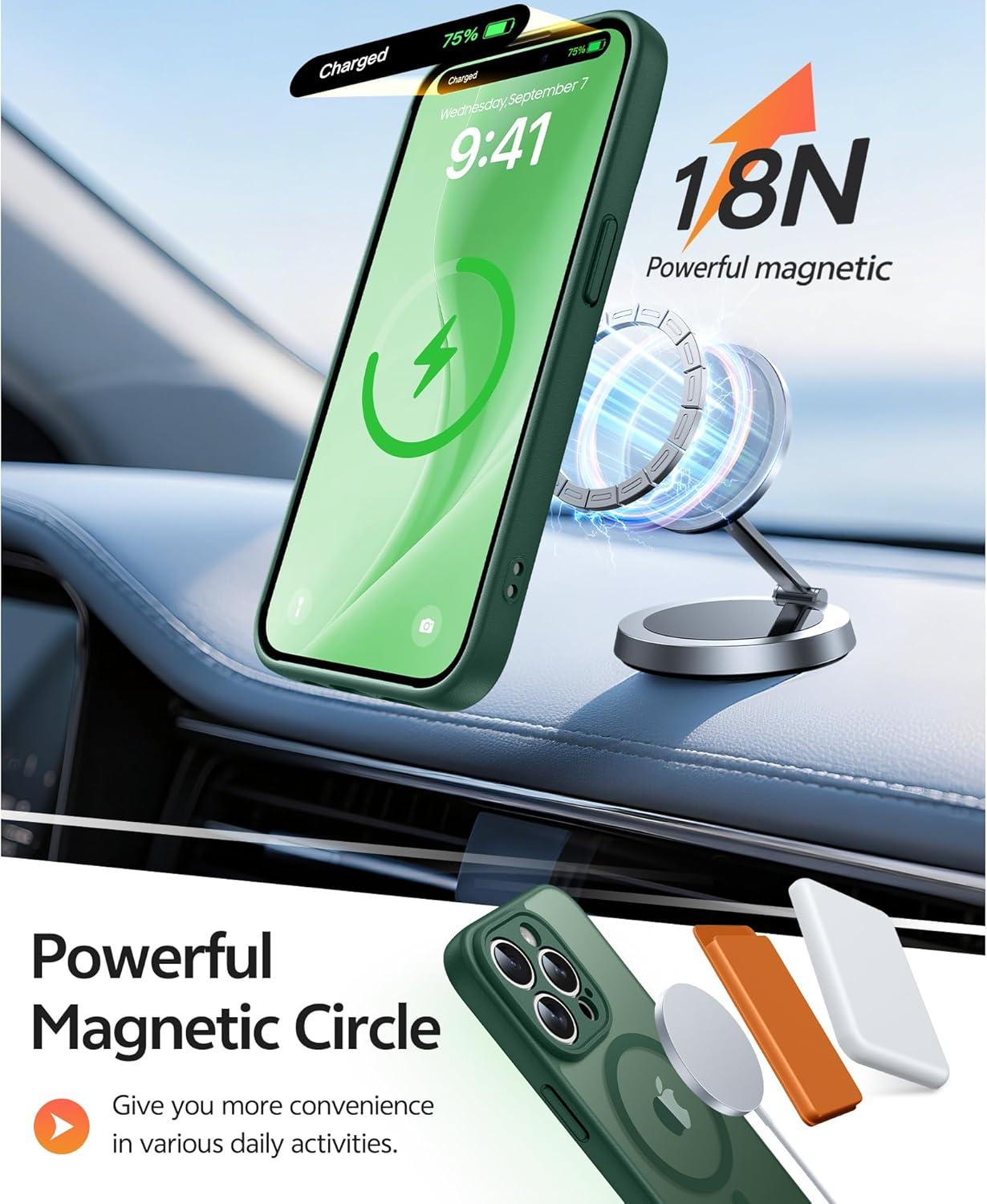 imageFNTCASE for iPhone 15 Pro Case Compatible with Magsafe Translucent Matte Magnetic Phone Cover Military Grade Drop Protection Shockproof Protective Cases BlackGreen