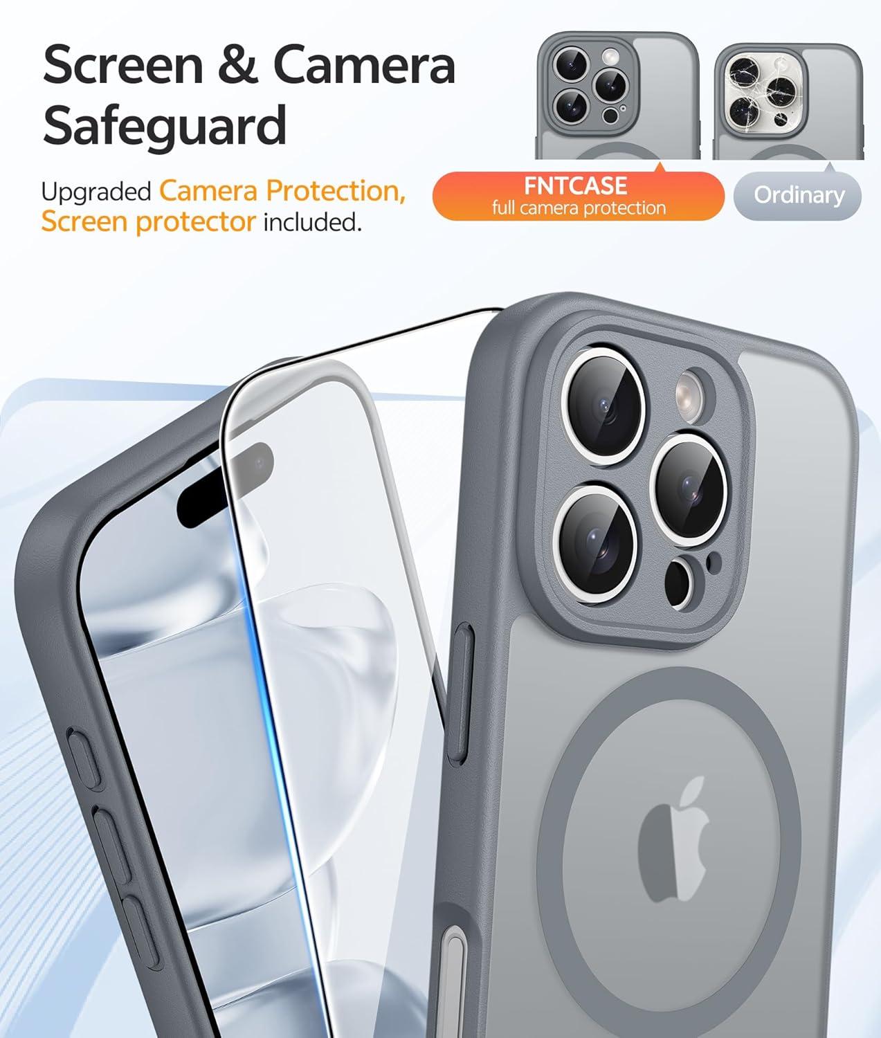 imageFNTCASE for iPhone 15 Pro Case Compatible with Magsafe Translucent Matte Magnetic Phone Cover Military Grade Drop Protection Shockproof Protective Cases BlackGray