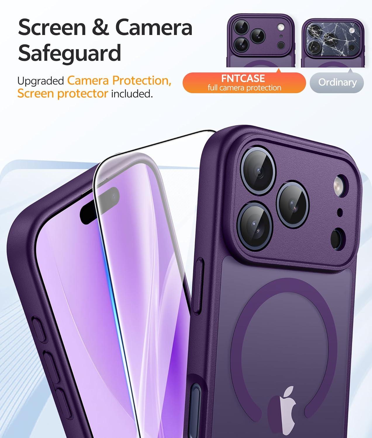 imageFNTCASE for iPhone 15 Pro Case Compatible with Magsafe Translucent Matte Magnetic Phone Cover Military Grade Drop Protection Shockproof Protective Cases BlackPurple