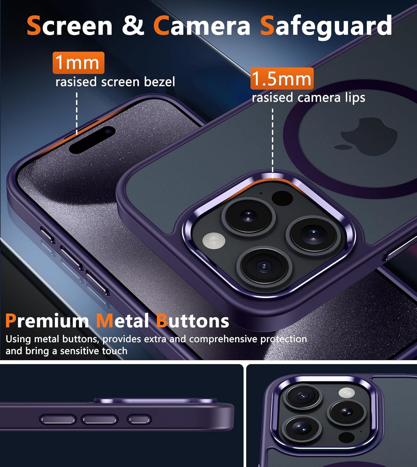imageFNTCASE for iPhone 15 Pro Case Compatible with Magsafe Translucent Matte Magnetic Phone Cover Military Grade Drop Protection Shockproof Protective Cases BlackPurple