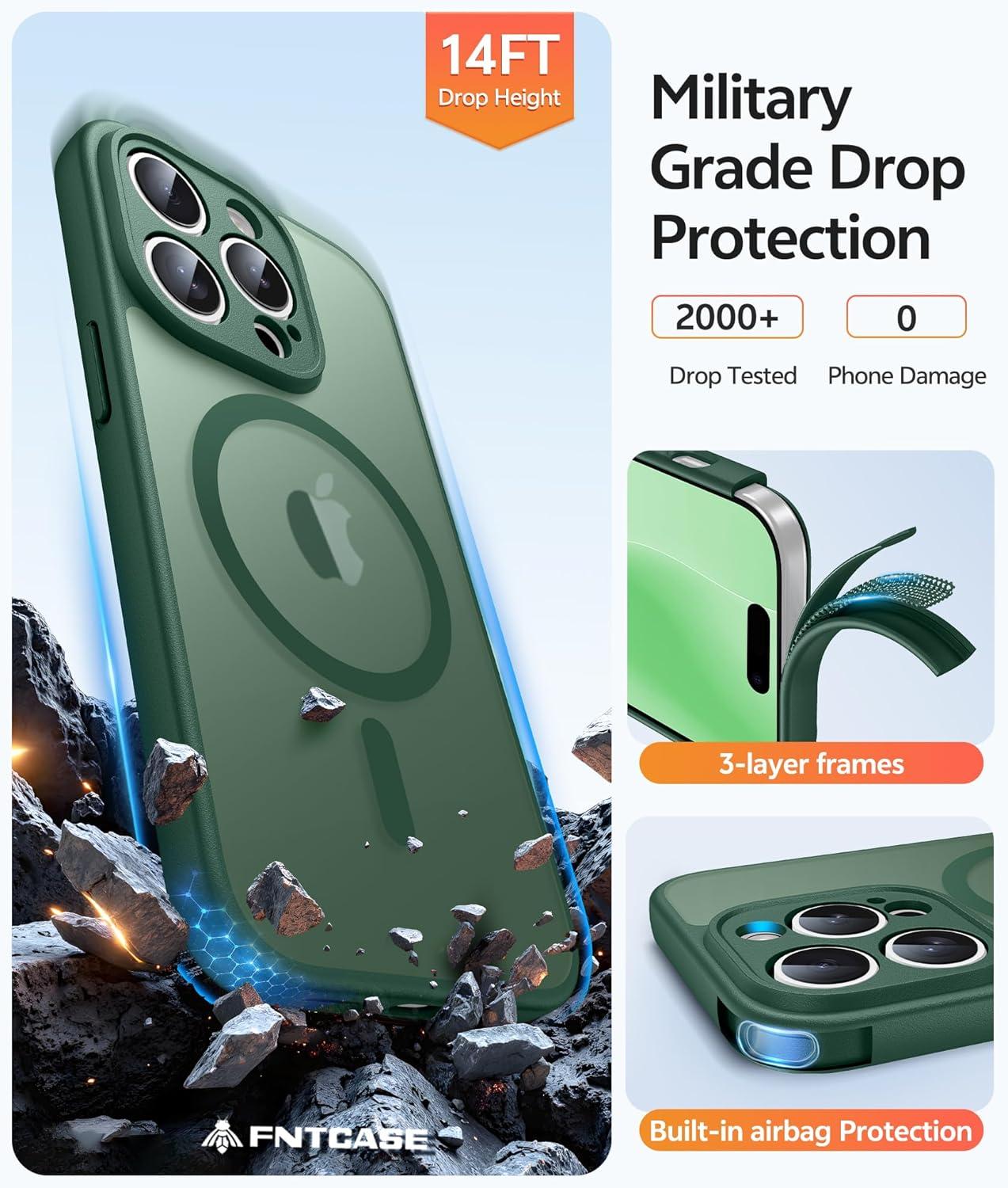 imageFNTCASE for iPhone 15 Pro Case Compatible with Magsafe Translucent Matte Magnetic Phone Cover Military Grade Drop Protection Shockproof Protective Cases BlackGreen