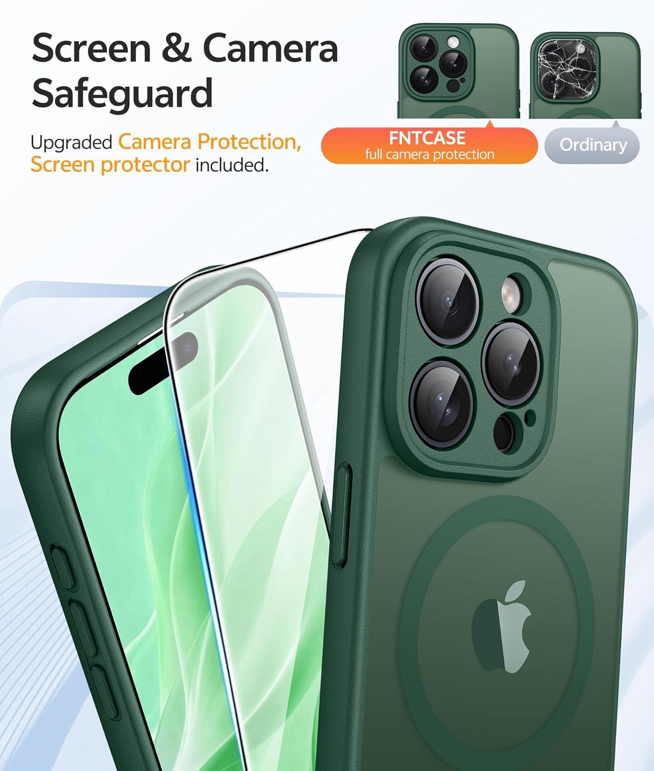 imageFNTCASE for iPhone 15 Pro Case Compatible with Magsafe Translucent Matte Magnetic Phone Cover Military Grade Drop Protection Shockproof Protective Cases BlackGreen