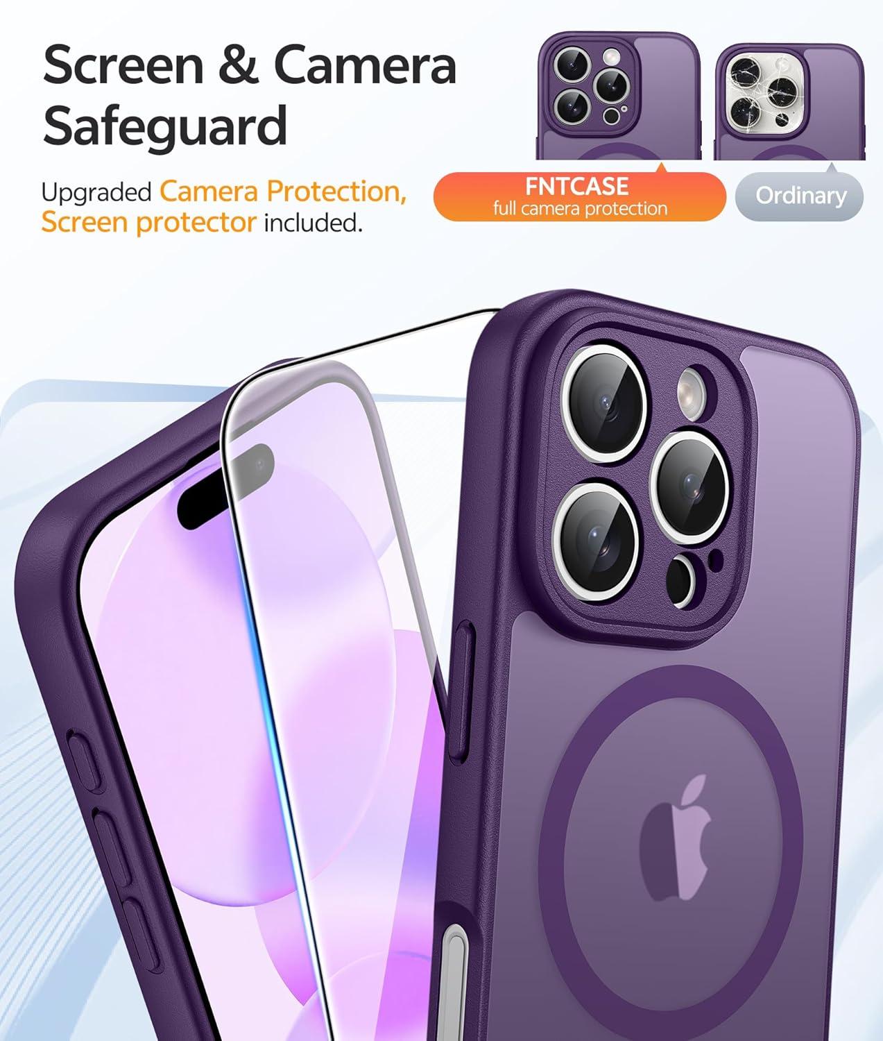 imageFNTCASE for iPhone 15 Pro Case Compatible with Magsafe Translucent Matte Magnetic Phone Cover Military Grade Drop Protection Shockproof Protective Cases BlackPurple