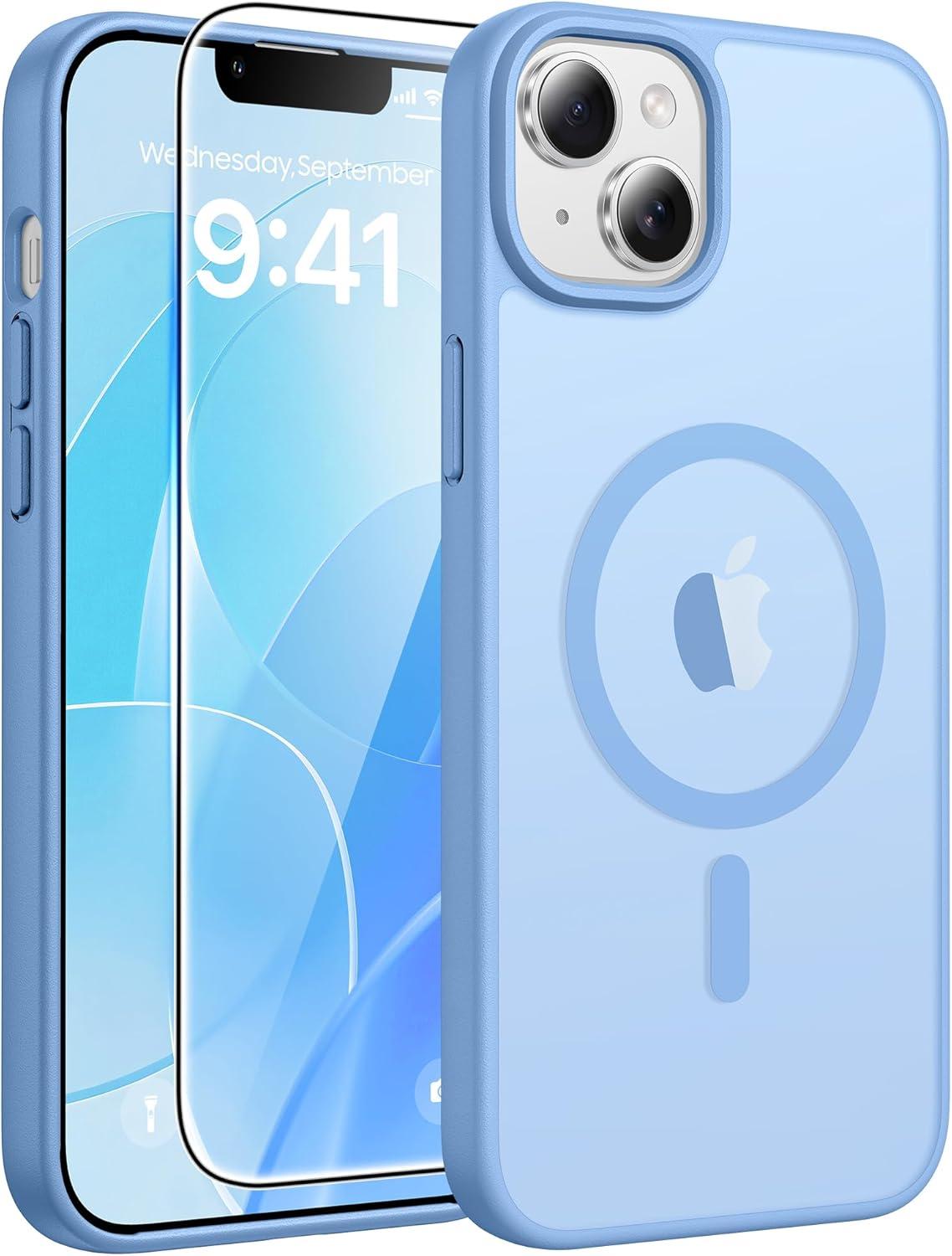 imageFNTCASE for iPhone 15 Pro Case Compatible with Magsafe Translucent Matte Magnetic Phone Cover Military Grade Drop Protection Shockproof Protective Cases BlackLight Blue