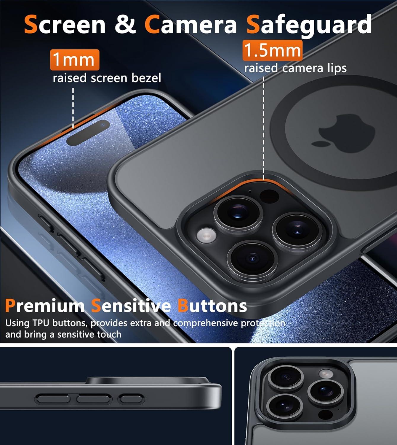 imageFNTCASE for iPhone 15 Pro Case Compatible with Magsafe Translucent Matte Magnetic Phone Cover Military Grade Drop Protection Shockproof Protective Cases BlackBlack