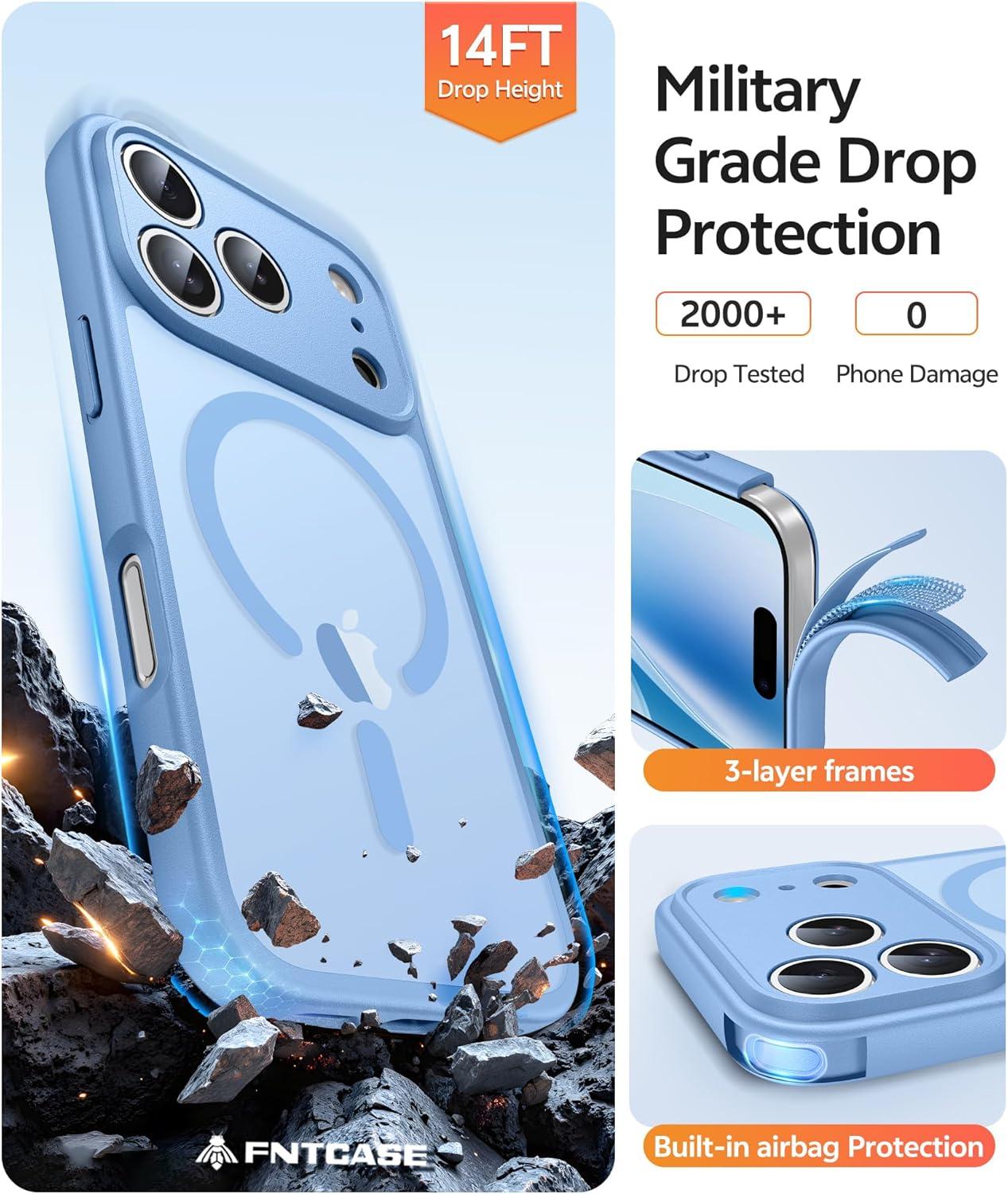 imageFNTCASE for iPhone 15 Pro Case Compatible with Magsafe Translucent Matte Magnetic Phone Cover Military Grade Drop Protection Shockproof Protective Cases BlackLight Blue