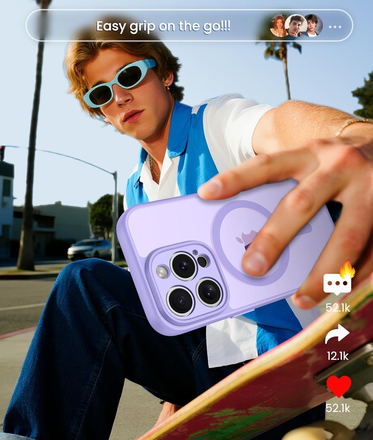 imageFNTCASE for iPhone 15 Pro Case Compatible with Magsafe Translucent Matte Magnetic Phone Cover Military Grade Drop Protection Shockproof Protective Cases BlackLight Purple