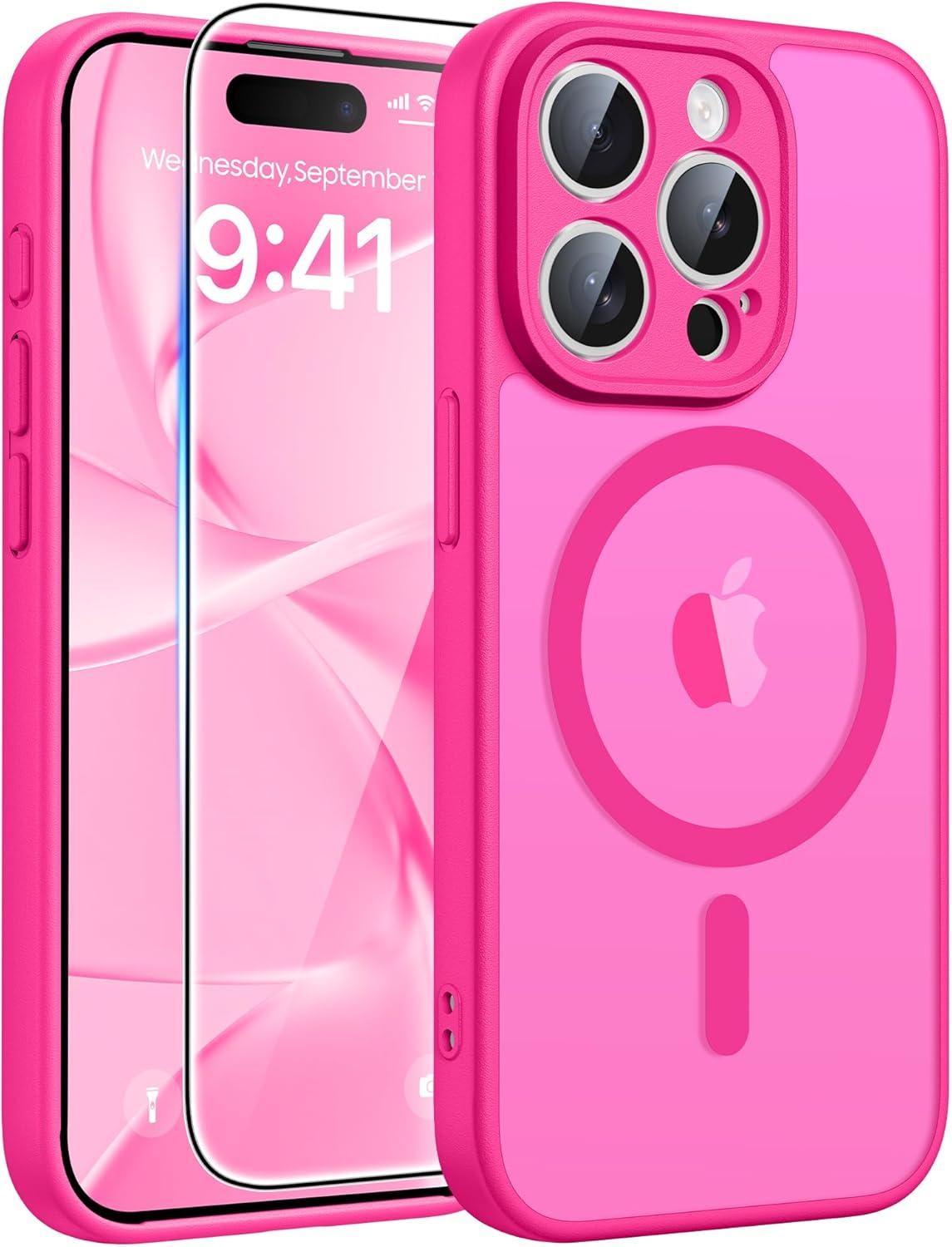 imageFNTCASE for iPhone 15 Pro Case Compatible with Magsafe Translucent Matte Magnetic Phone Cover Military Grade Drop Protection Shockproof Protective Cases BlackHot Pink