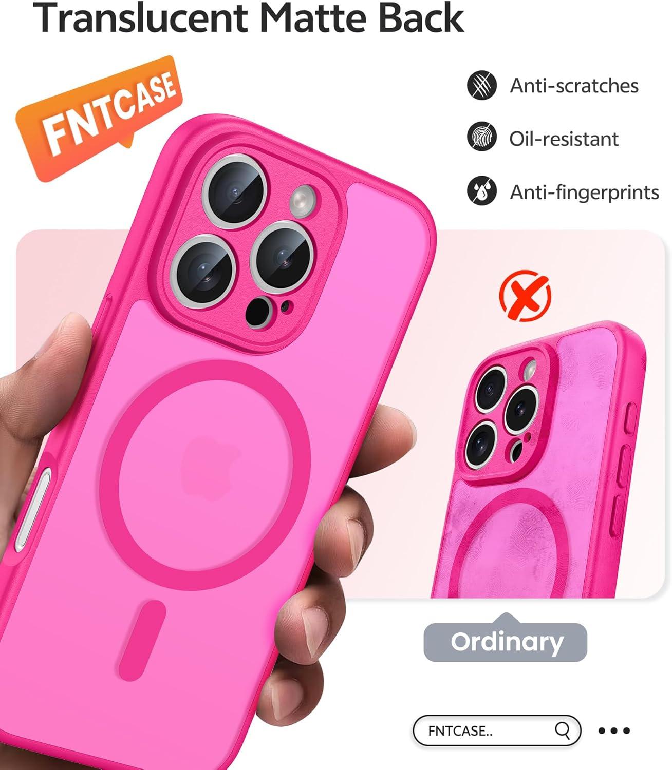 imageFNTCASE for iPhone 15 Pro Case Compatible with Magsafe Translucent Matte Magnetic Phone Cover Military Grade Drop Protection Shockproof Protective Cases BlackHot Pink