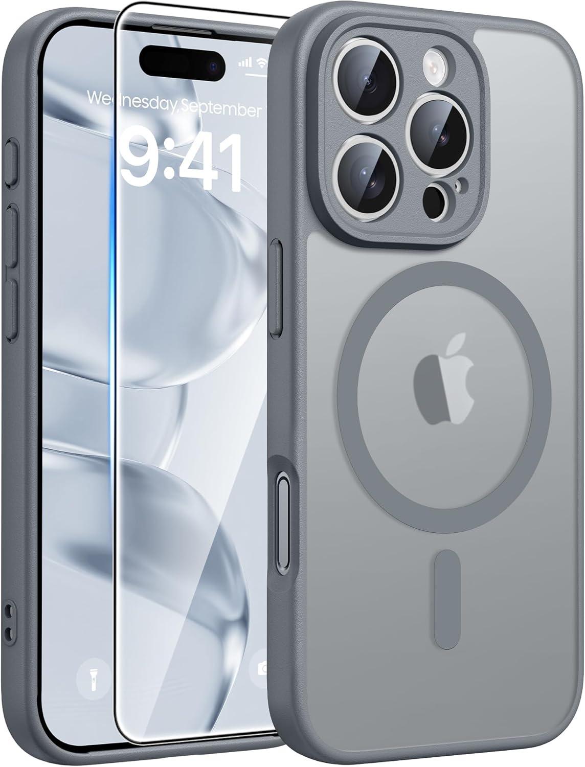 imageFNTCASE for iPhone 15 Pro Case Compatible with Magsafe Translucent Matte Magnetic Phone Cover Military Grade Drop Protection Shockproof Protective Cases BlackGray