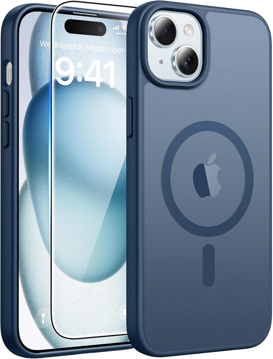 imageFNTCASE for iPhone 15 Pro Case Compatible with Magsafe Translucent Matte Magnetic Phone Cover Military Grade Drop Protection Shockproof Protective Cases BlackBlue