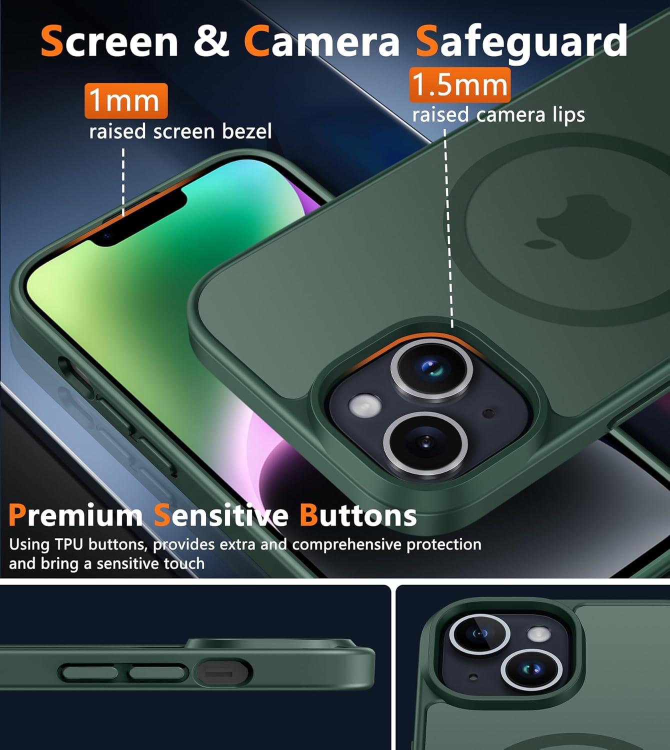 imageFNTCASE for iPhone 15 Pro Case Compatible with Magsafe Translucent Matte Magnetic Phone Cover Military Grade Drop Protection Shockproof Protective Cases BlackGreen