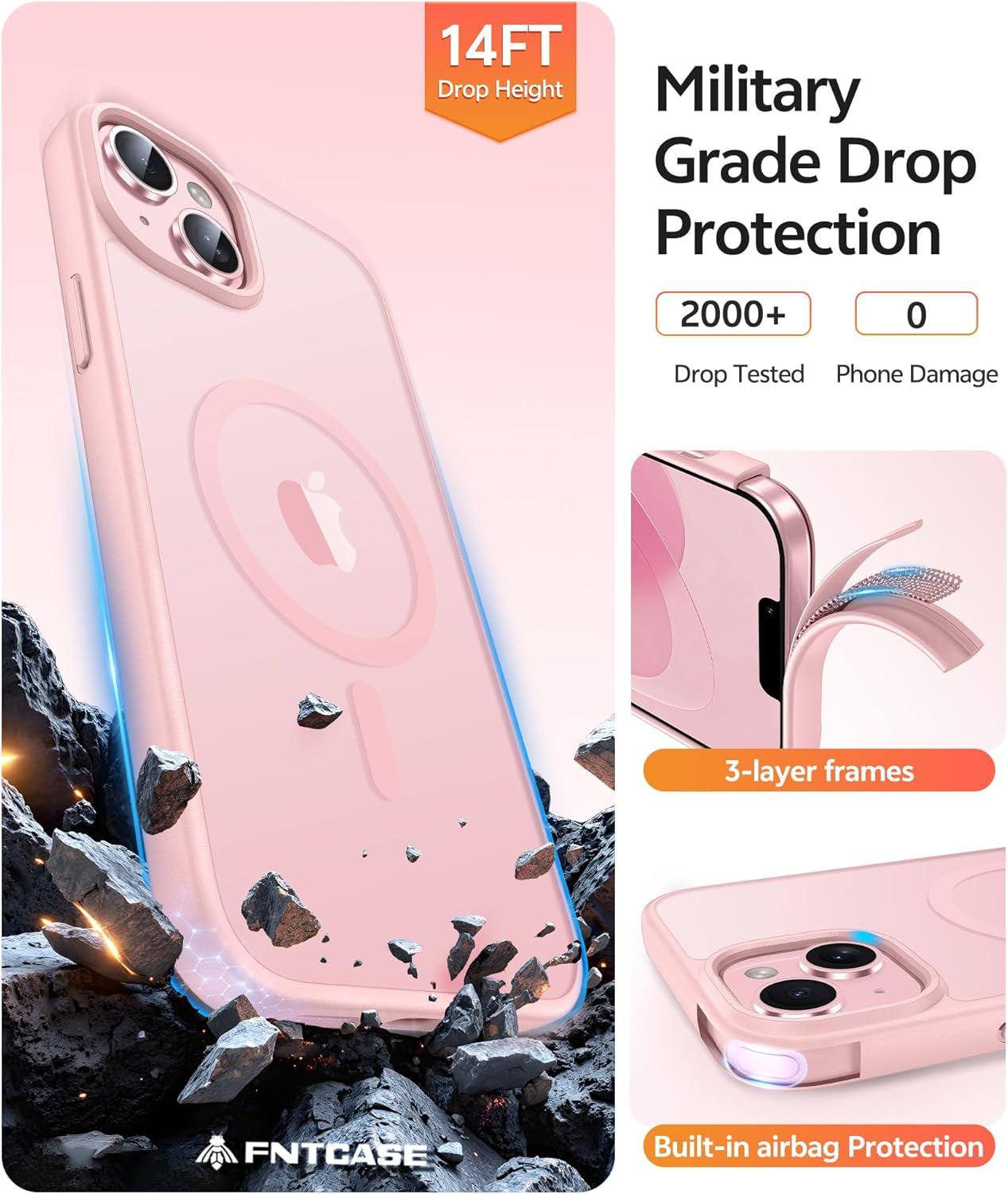 imageFNTCASE for iPhone 15 Pro Case Compatible with Magsafe Translucent Matte Magnetic Phone Cover Military Grade Drop Protection Shockproof Protective Cases BlackLight Pink