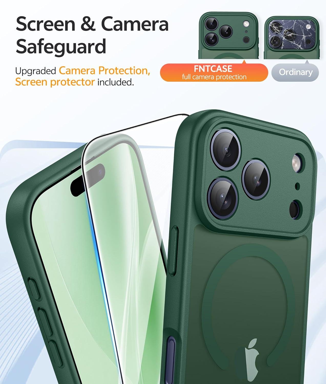 imageFNTCASE for iPhone 15 Pro Case Compatible with Magsafe Translucent Matte Magnetic Phone Cover Military Grade Drop Protection Shockproof Protective Cases BlackGreen