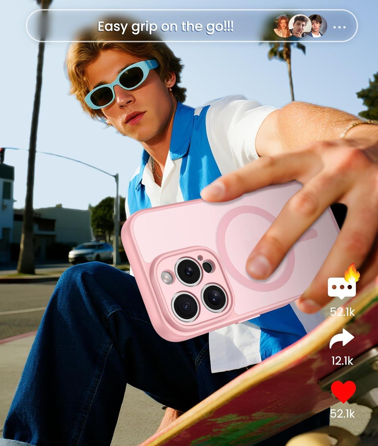 imageFNTCASE for iPhone 15 Pro Case Compatible with Magsafe Translucent Matte Magnetic Phone Cover Military Grade Drop Protection Shockproof Protective Cases BlackLight Pink